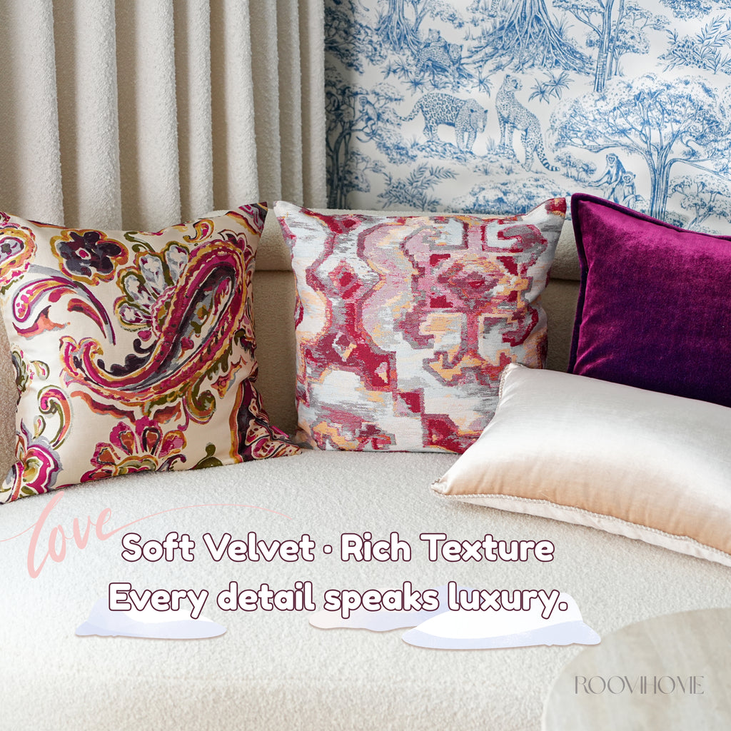 Crimson Tale Velvet Mix Artistic Pattern Cushions Set