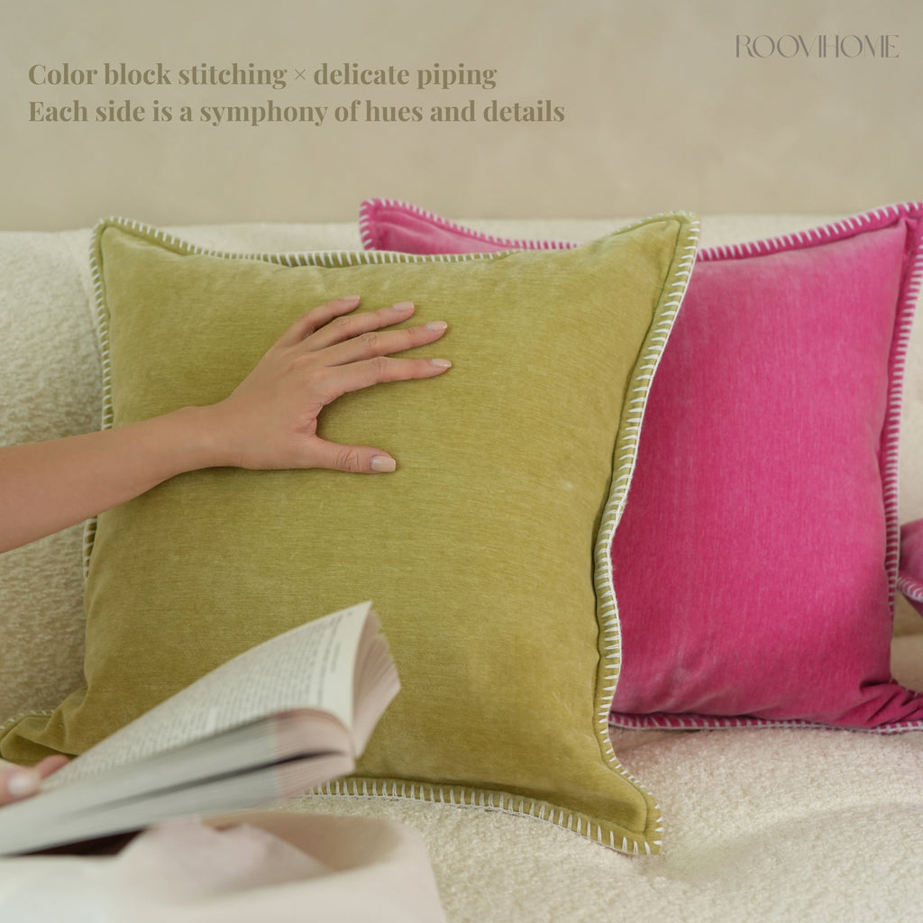 Solid Pop Color Velvet Cushions with Piping & Blanket Stitch