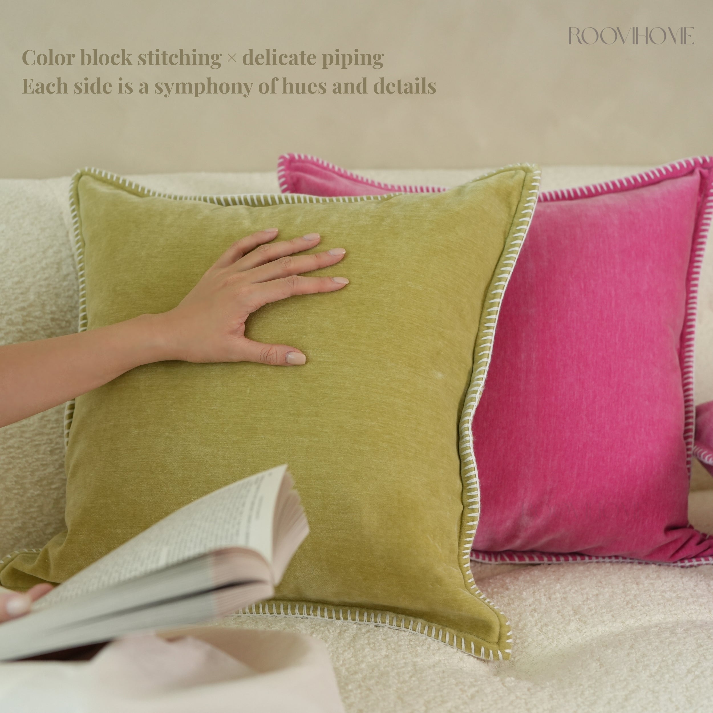 Solid Pop Color Velvet Cushions with Piping & Blanket Stitch