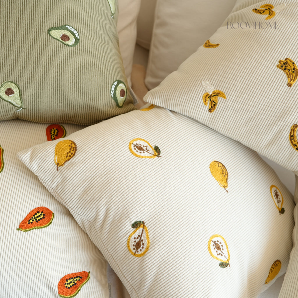 Embroidered Fruit Corduroy Cushion