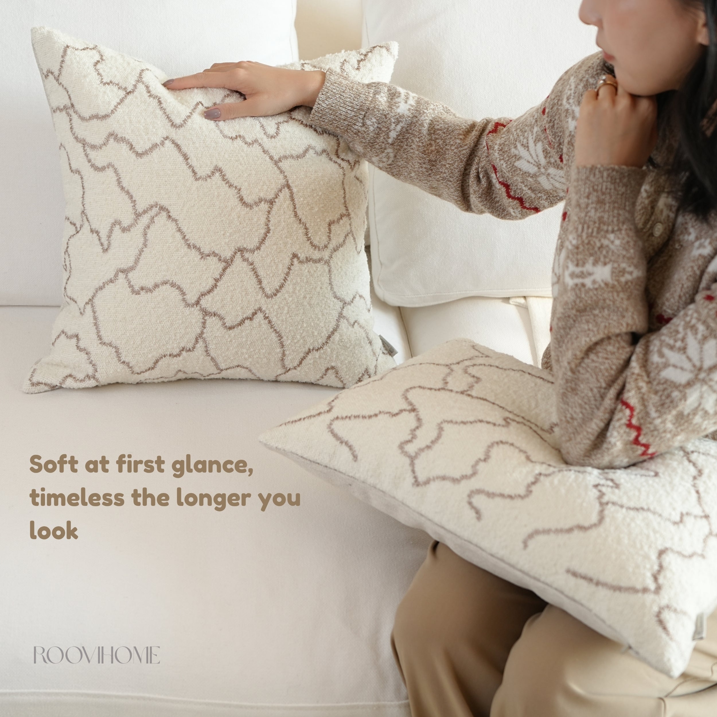Cloud Trace Abstract Embroidered Lines Bouclé Decorative Cushion