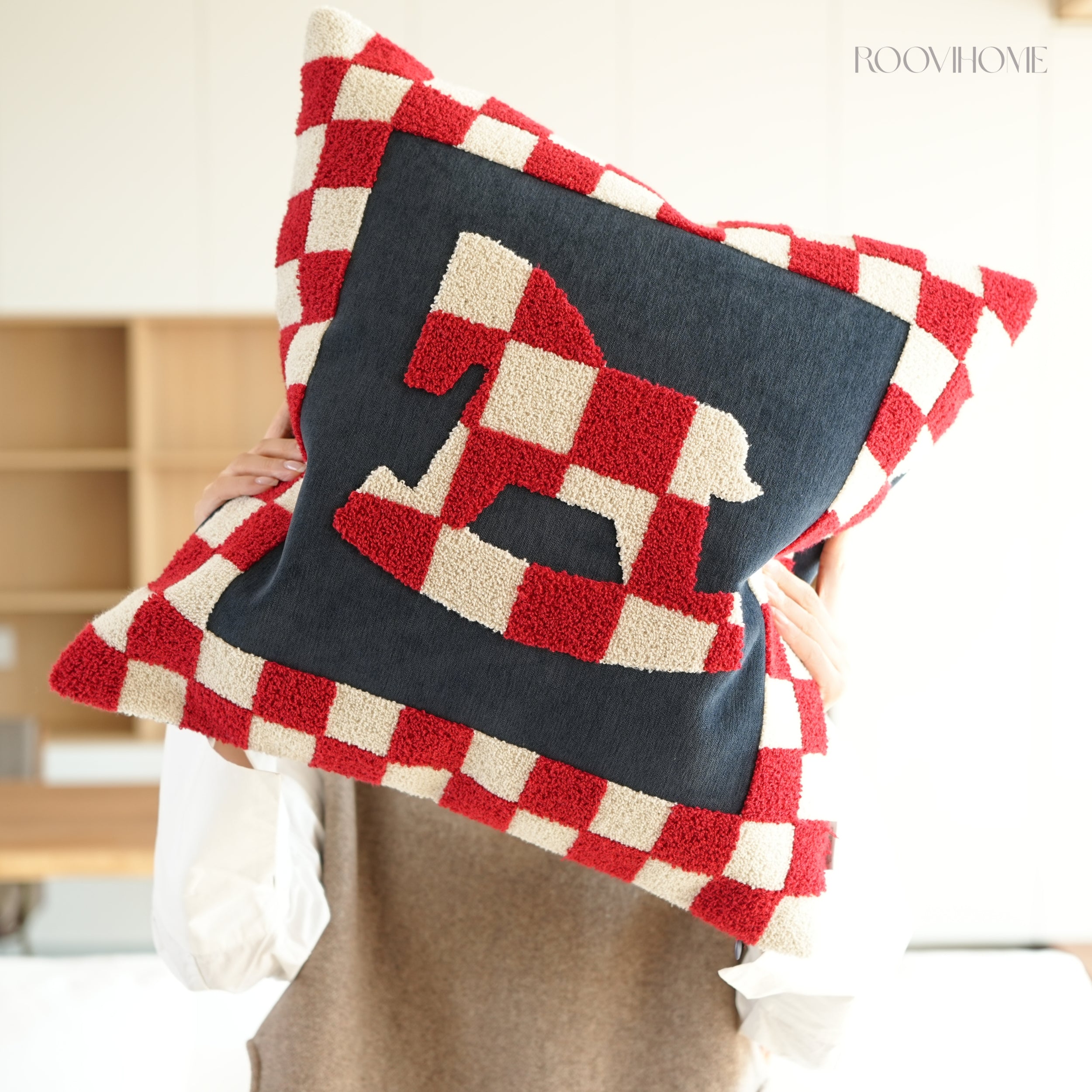 Embroidered Checkered Pony Throw Pillow / Cushion Cover • Modern Style • Decorative Cushion for Living Room • Home Decor | RooviHome Chessboard Pony Series
