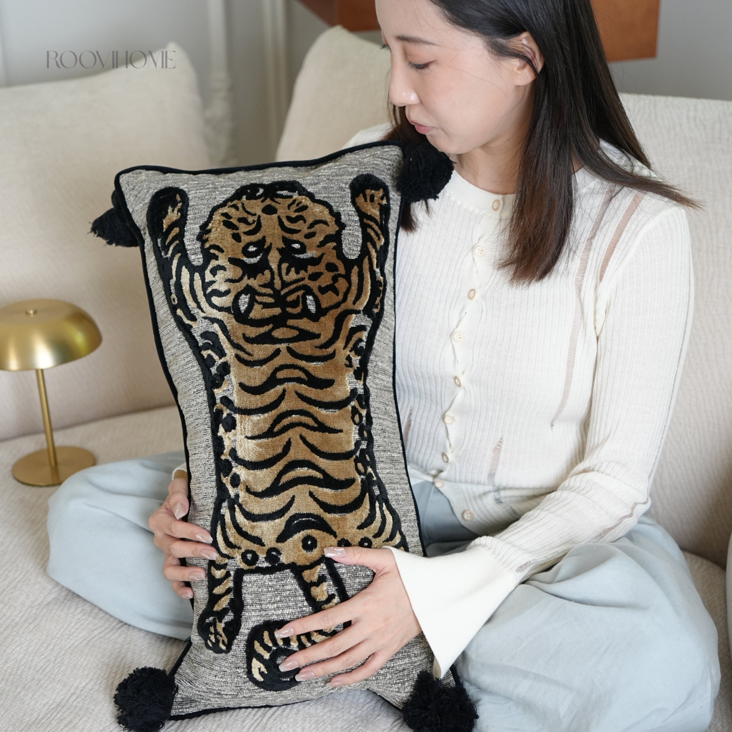 Wild Mood Tiger Velvet Lumbar Cushion with Tassels