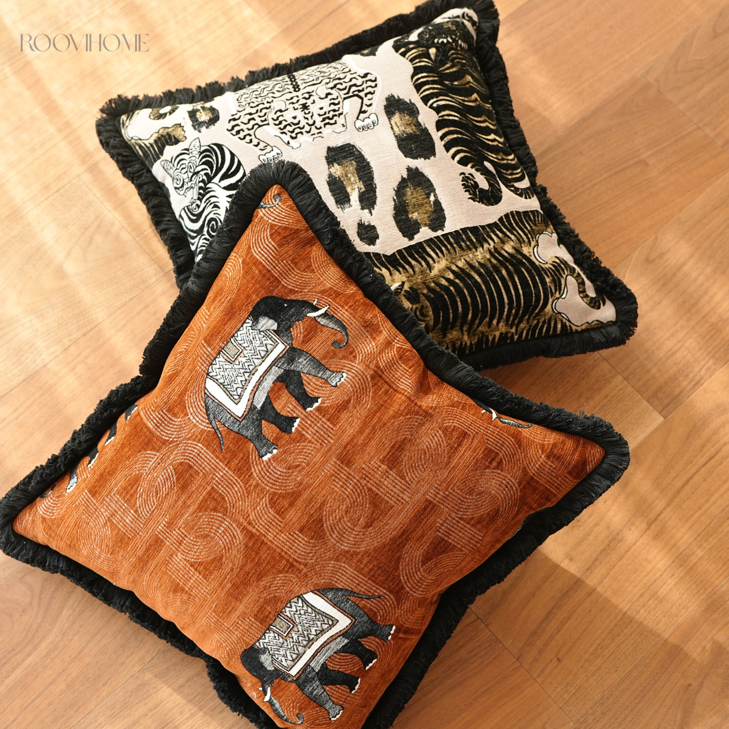 Soft Wildness Tiger & Elephant Cushions with Fringes