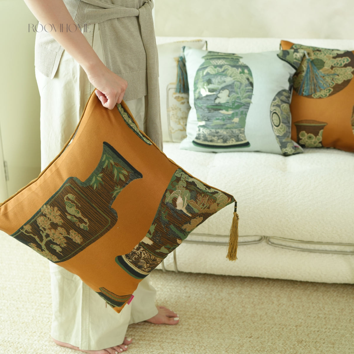 Oriental Vase Jacquard Cushion with Tassels
