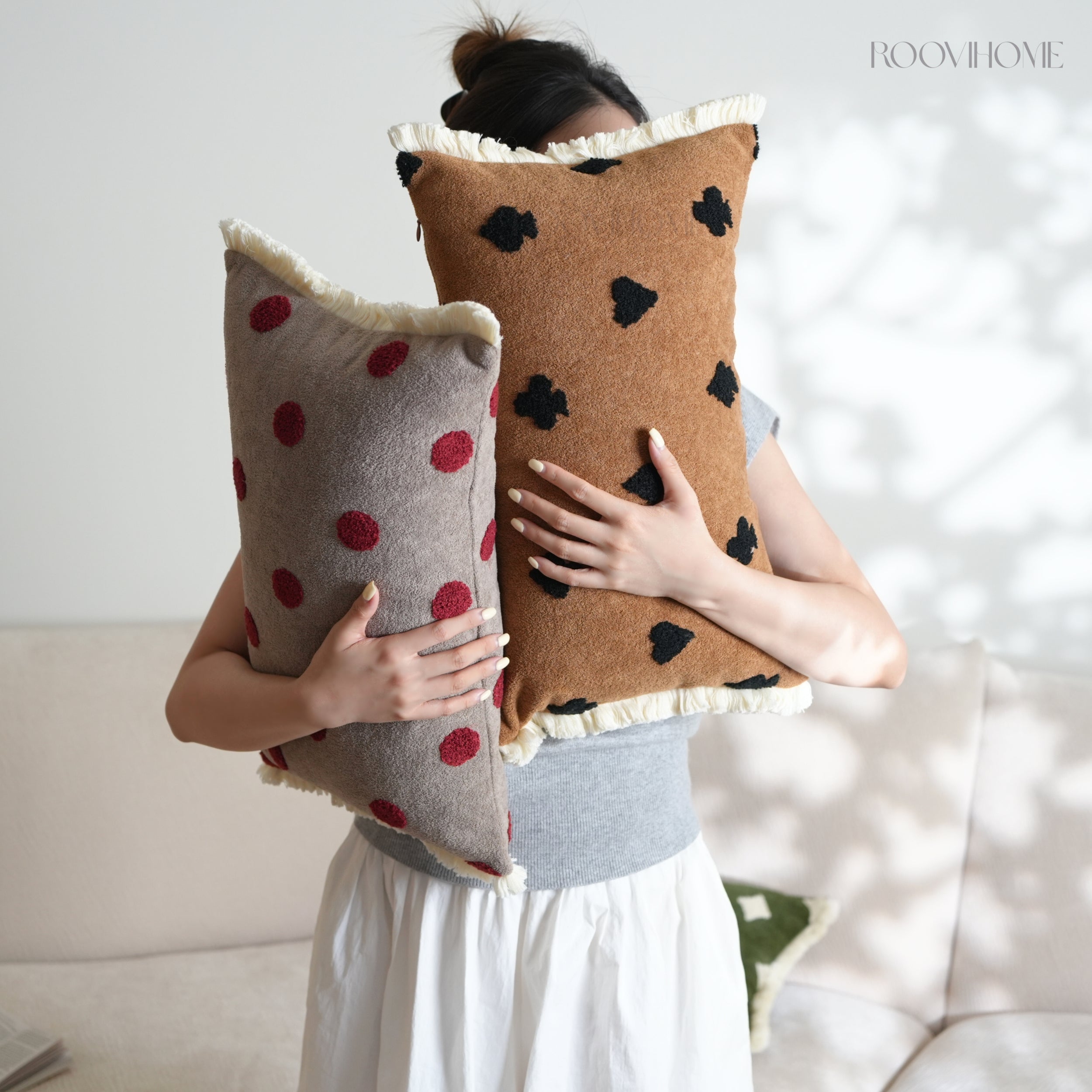 Polka Dot & Diamond & Club Embroidered Decorative Lumbar Cushions