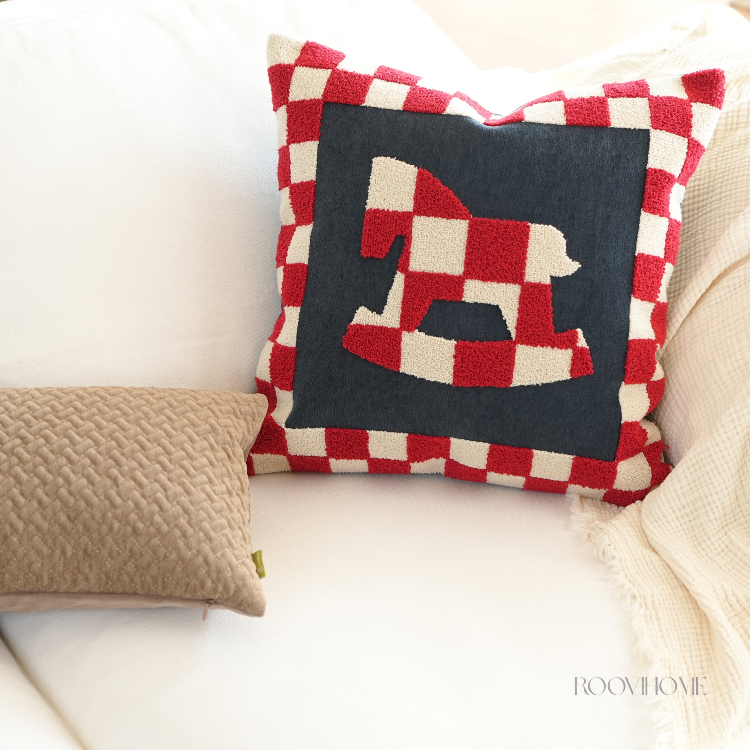 Embroidered Checkered Pony Throw Pillow / Cushion Cover • Modern Style • Decorative Cushion for Living Room • Home Decor | RooviHome Chessboard Pony Series