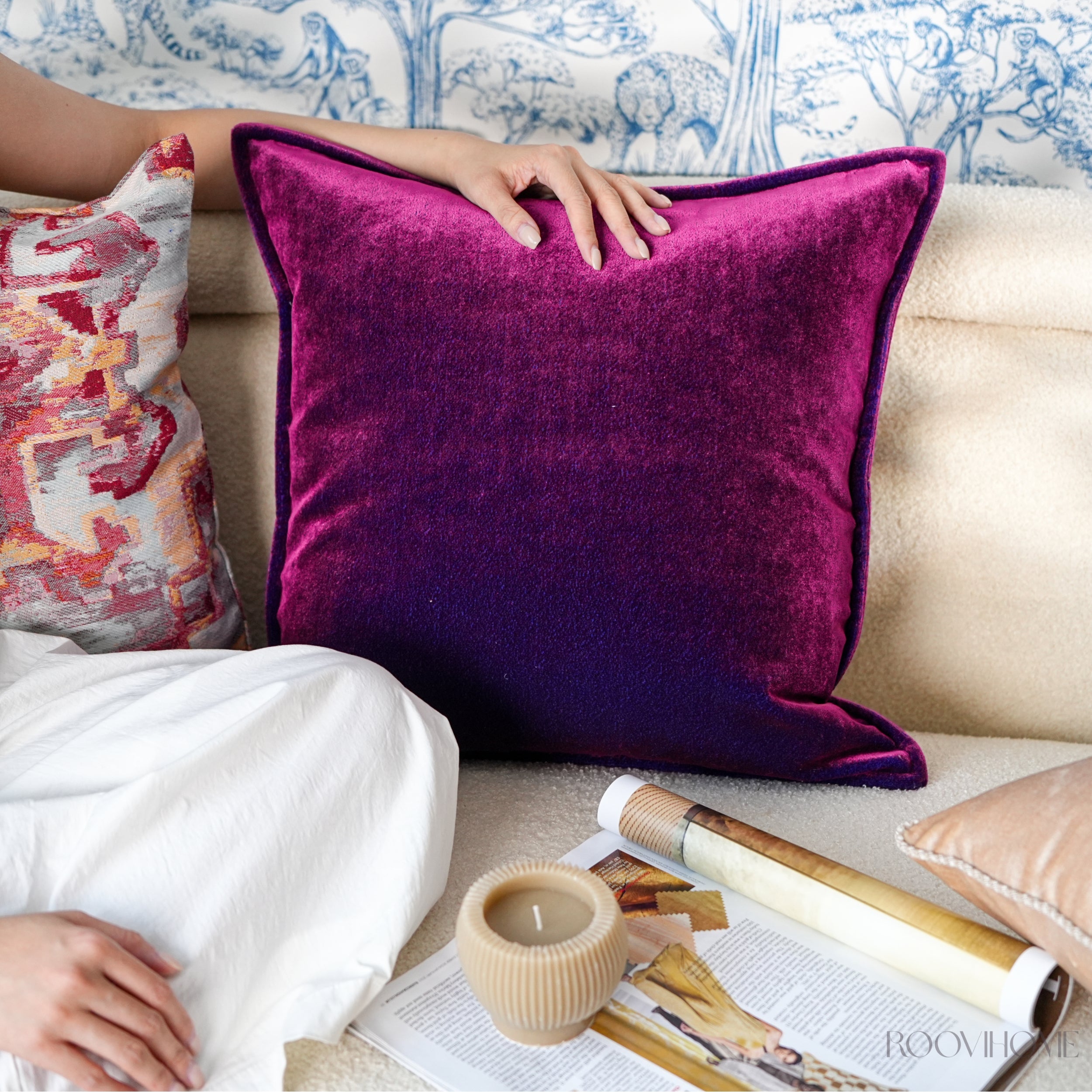 Crimson Tale Velvet Mix Artistic Pattern Cushions Set