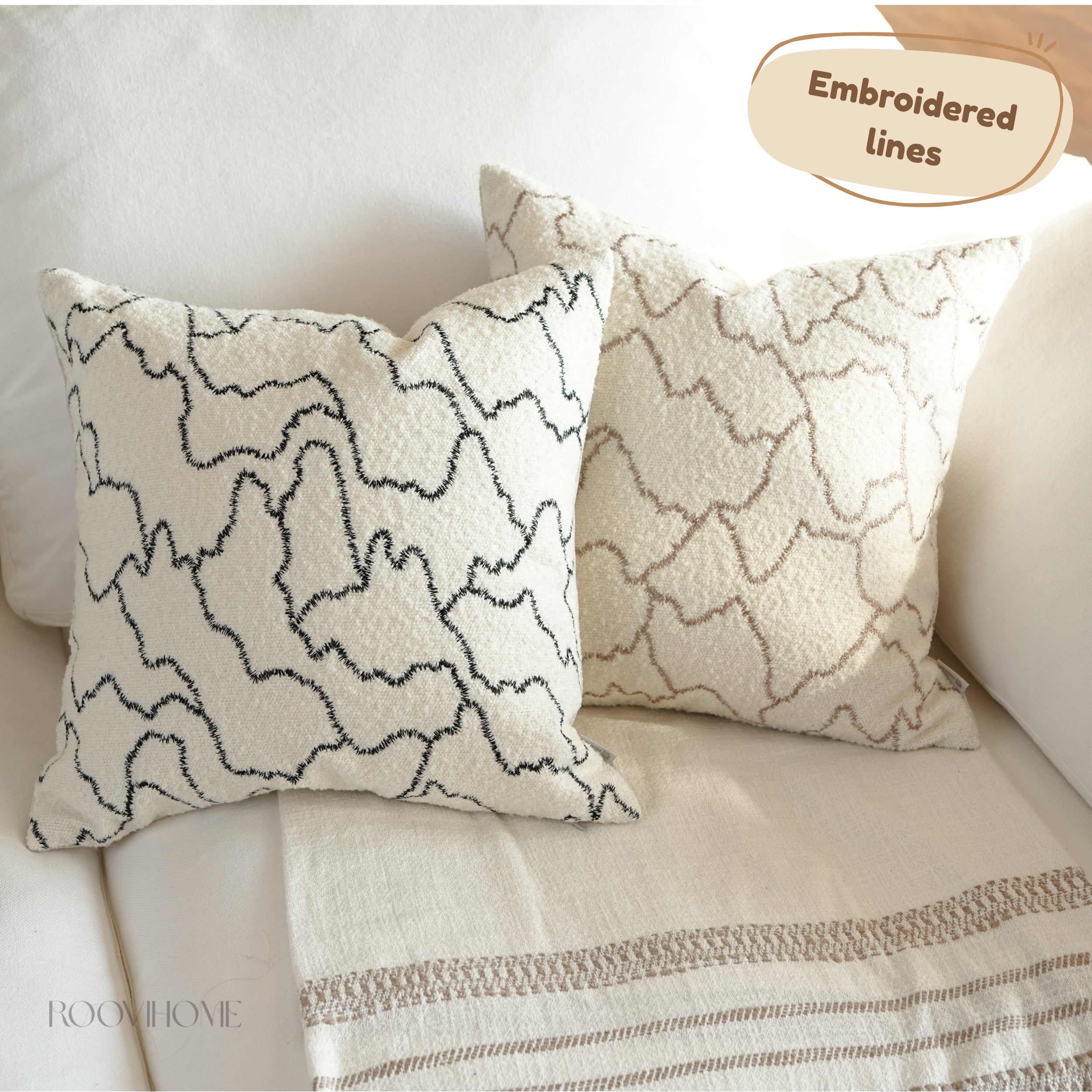 Cloud Trace Abstract Embroidered Lines Bouclé Decorative Cushion