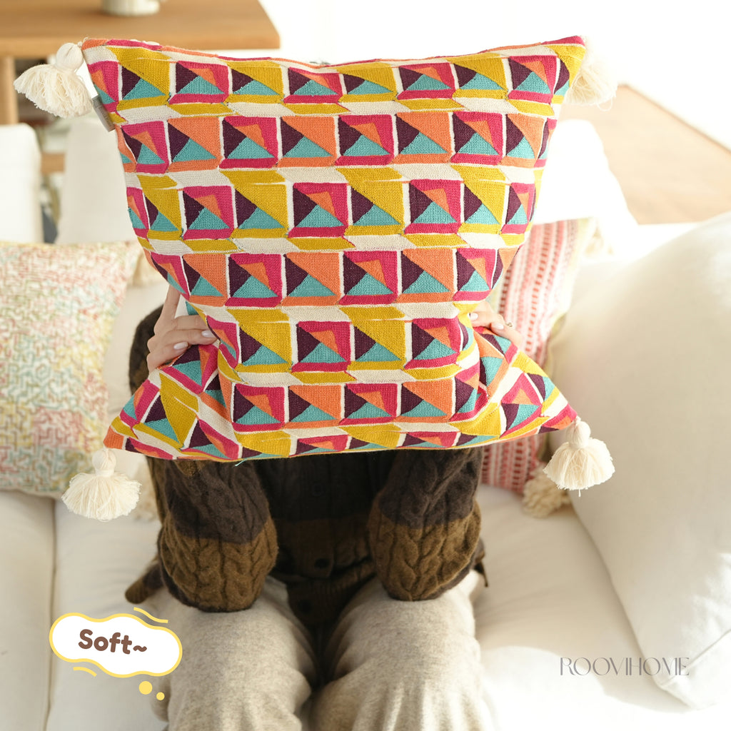 Boho Chic Embroidered Multicolor Geometric Cushions