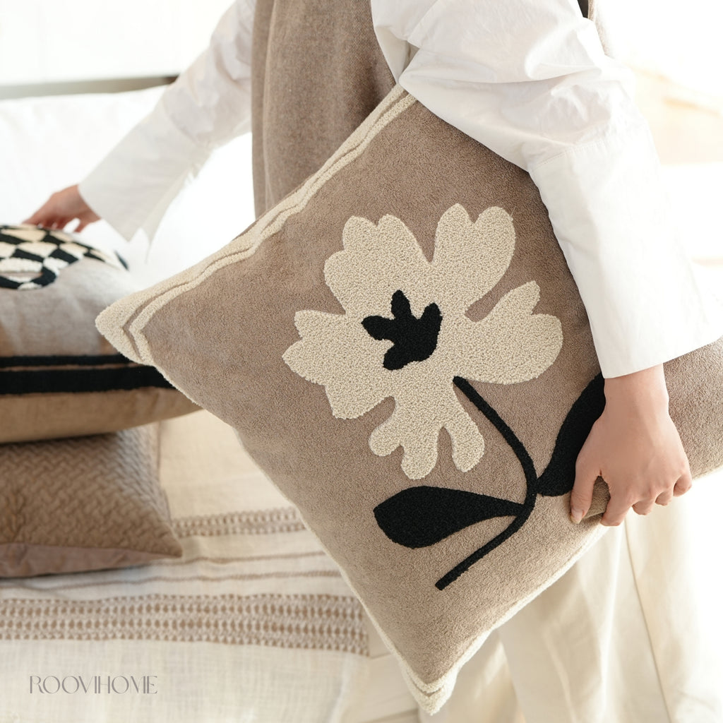 Muted Canvas Retro Floral & Vase Embroidery Cushions 50x50cm