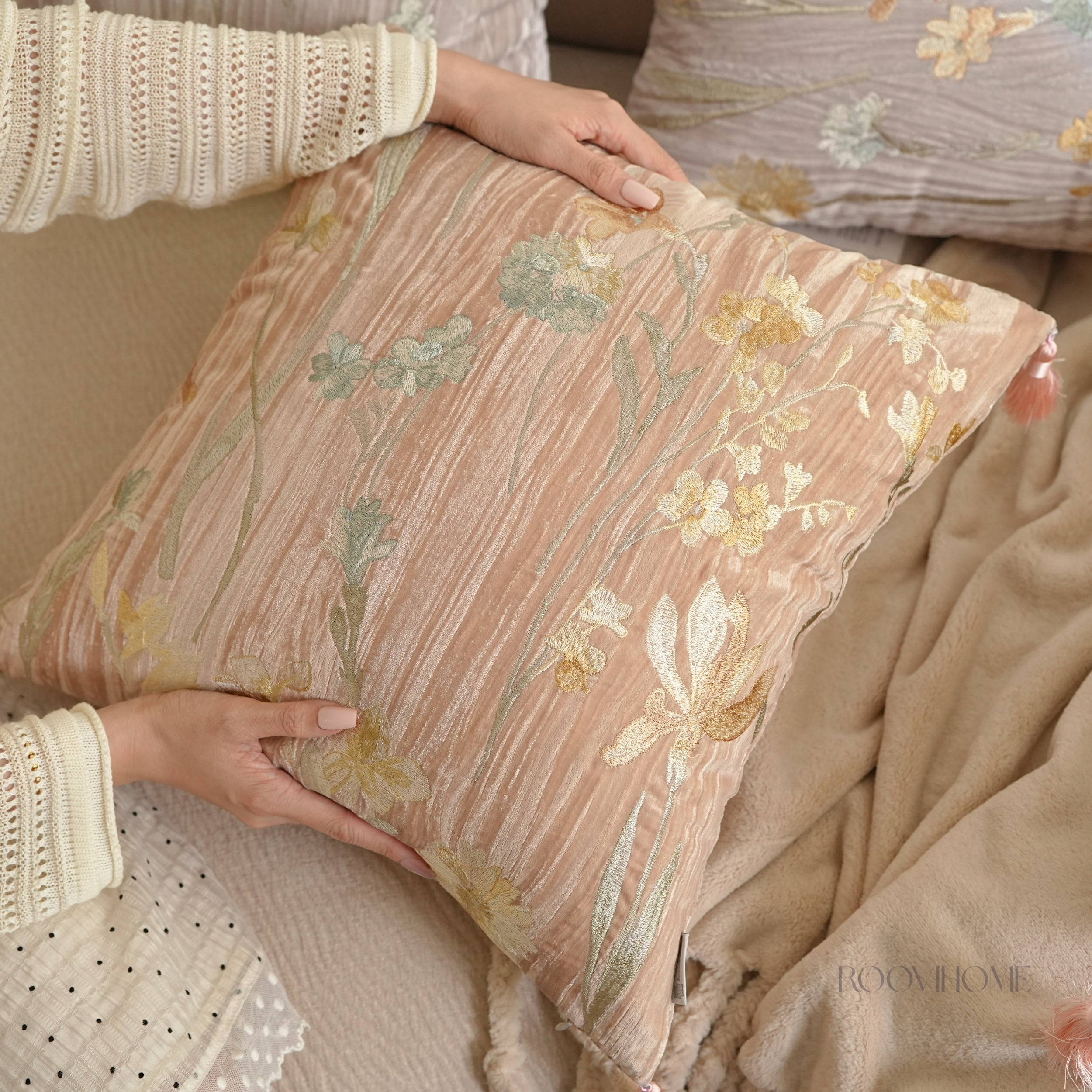 Velvet Garden Crinkle Velvet Floral Embroidered Decorative Cushions