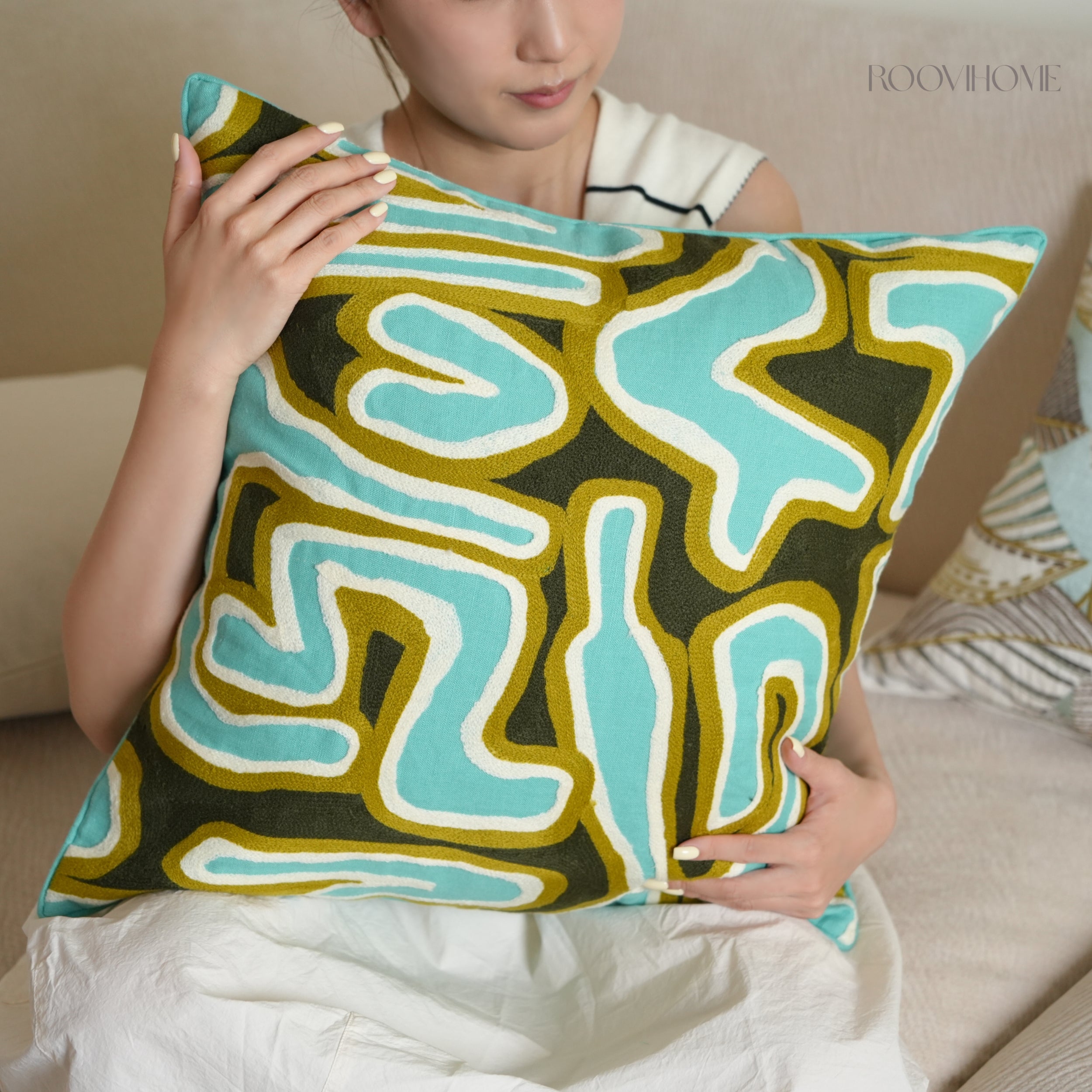 Teal Tones Art-Inspired Linen Cushions