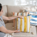 Moroccan Style Textured Cotton-Linen Blend Throw Pillow / Cushion Cover • Embroidery + Fringe • Retro Style • Sofa Cushion for Living Room • Soft & Comfortable Home Decor | RooviHome FlowLight Collection