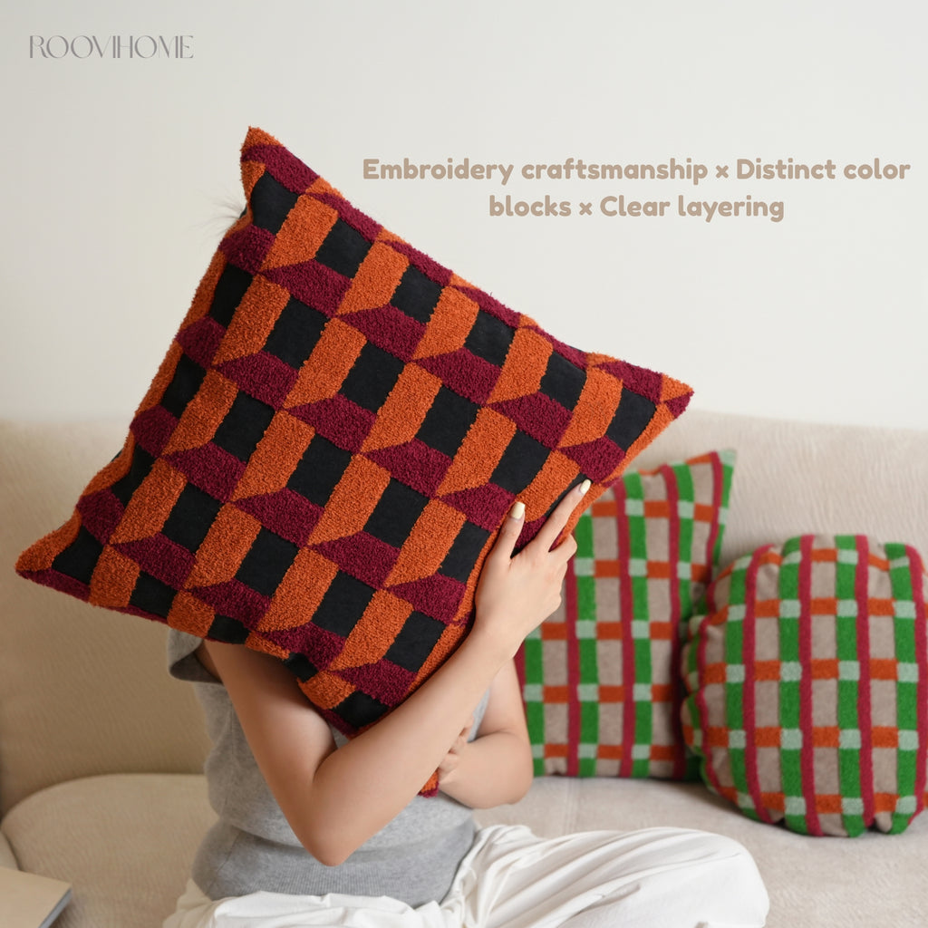 Plaid Moments 70s Modern Retro Checkered Towel Embroidered Cushions