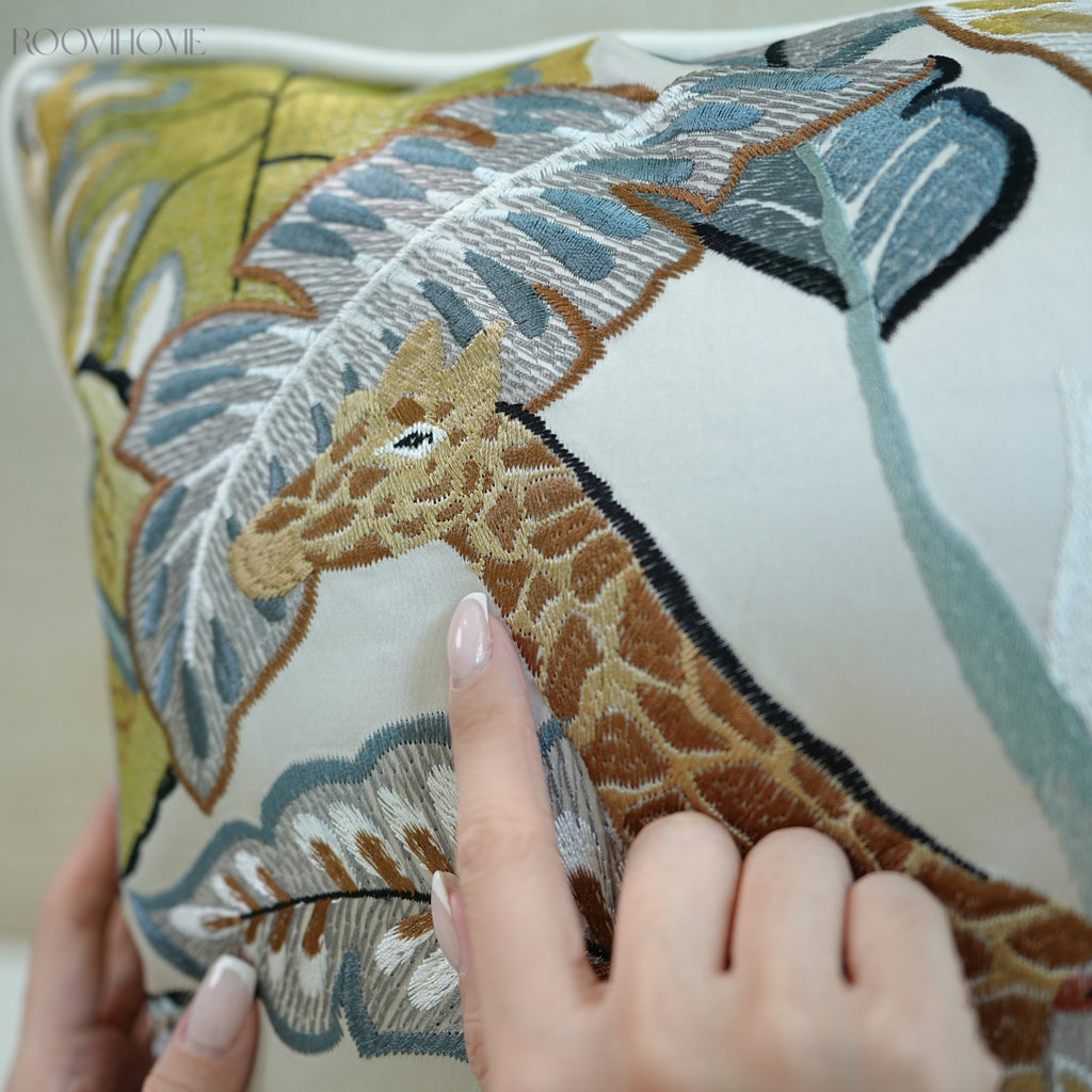 Jungle Wild Zebra & Giraffe Embroidery Cushions