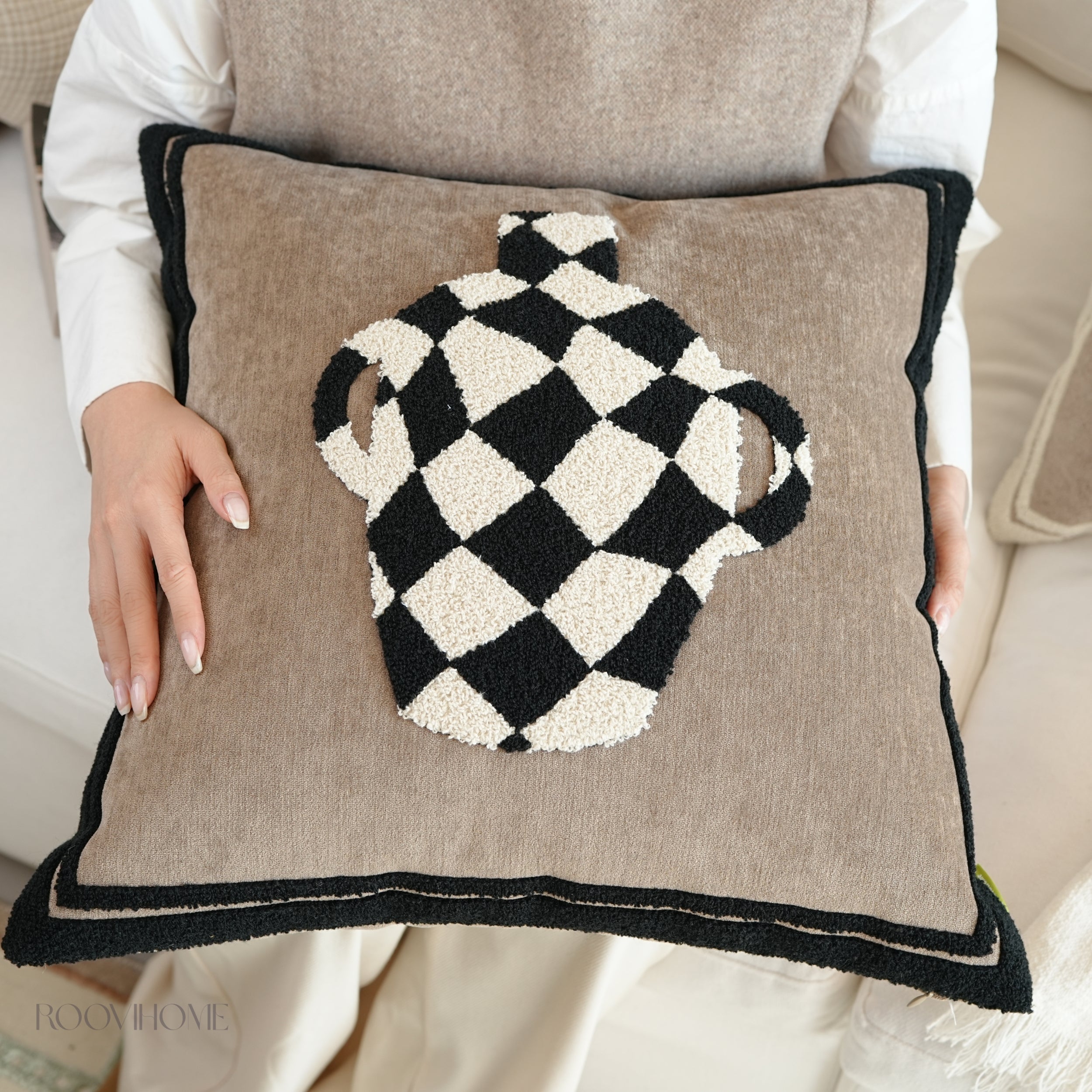 Muted Canvas Retro Floral & Vase Embroidery Cushions 50x50cm