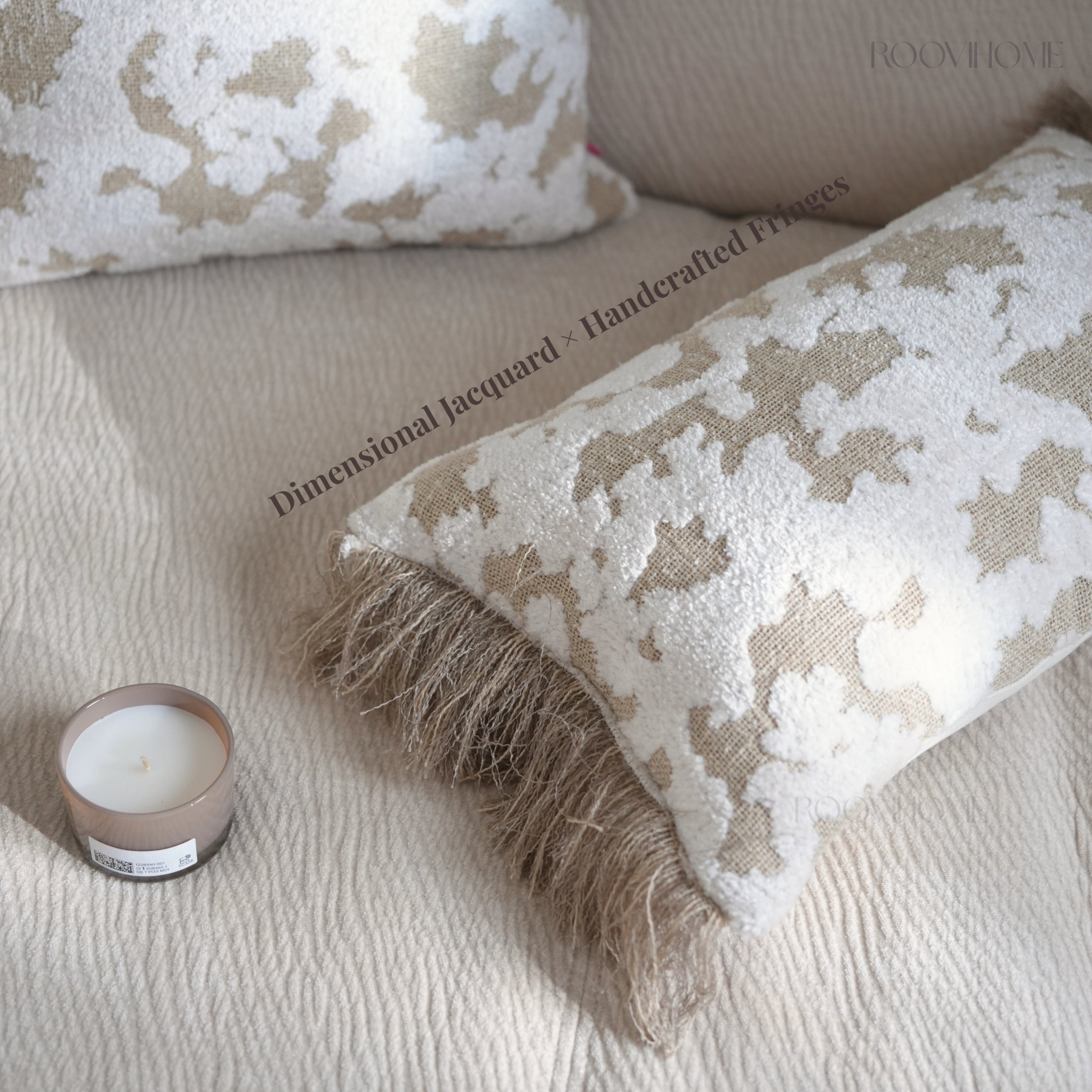 Wabi-Sabi & Japandi Style Throw Pillow / Lumbar Pillow / Cushion Cover, 3D Raised Jacquard Texture, Beige Cream Brown Tones, Rich Texture, Elegant Tassel Detail | RooviHome Wabi Weave Collection