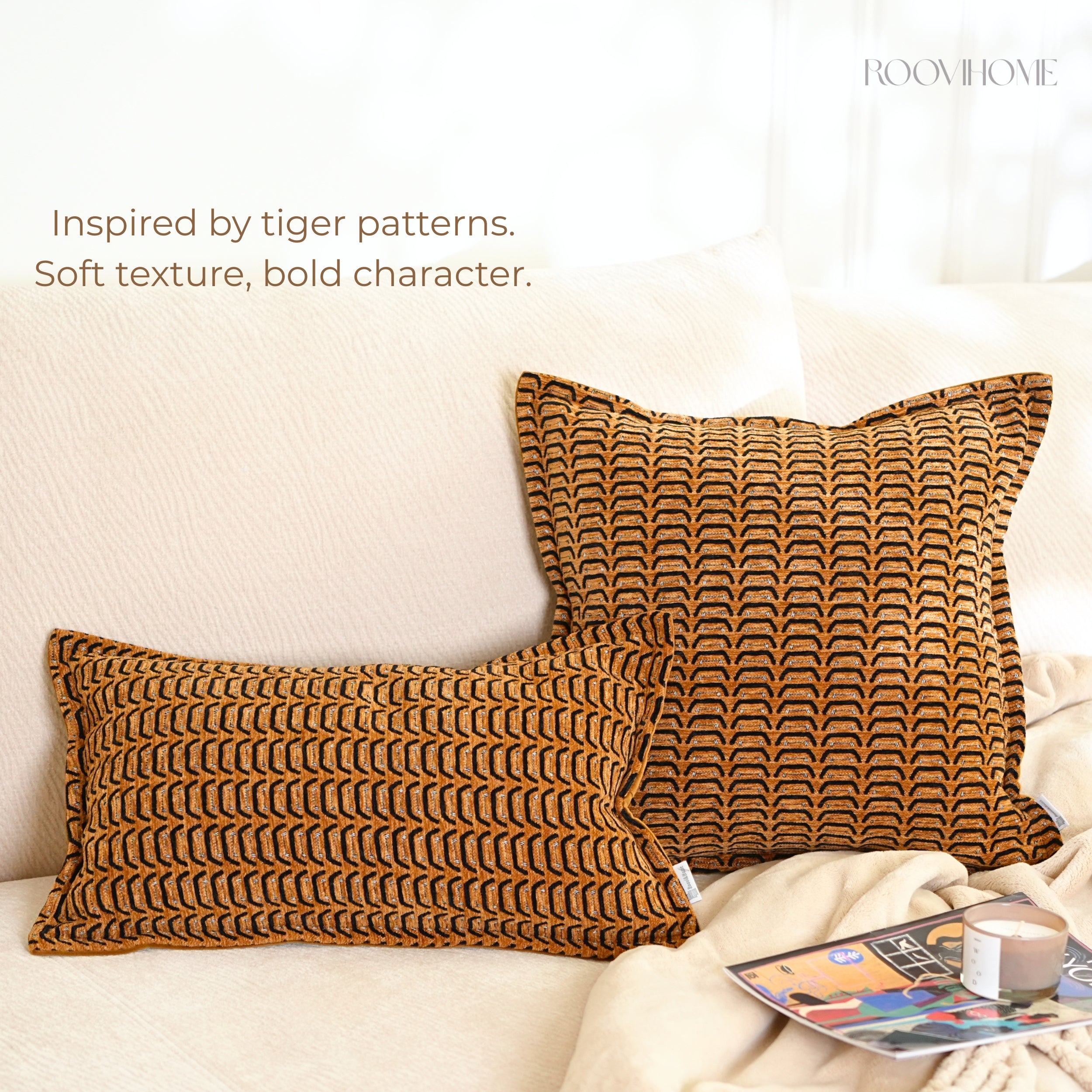 Tiger Pattern Inspired Textured Cushion Cover • Modern Vintage Sofa Pillow • Home Decor • Ready to Ship | RooviHome Rhythm Tiger Collection