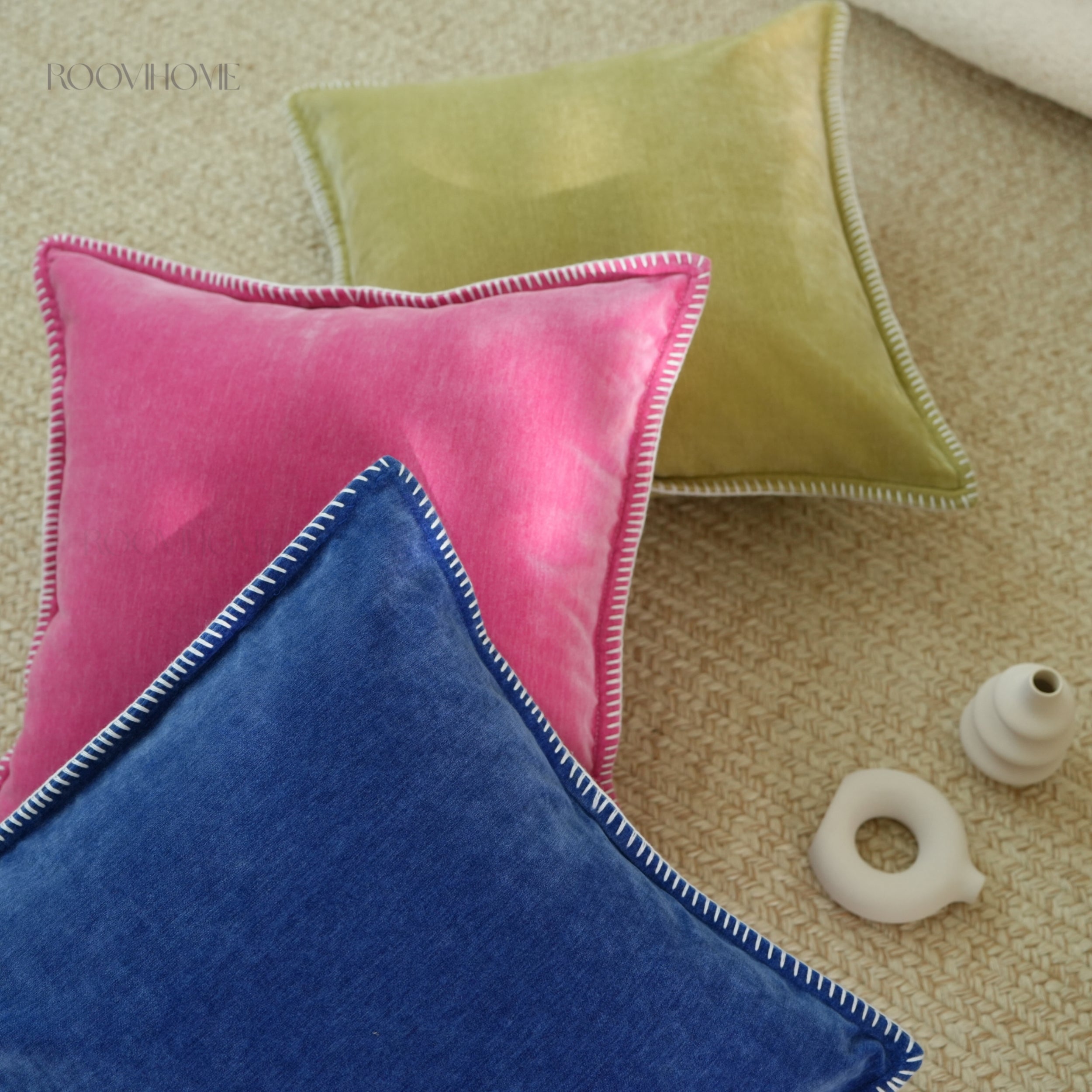 Solid Pop Color Velvet Cushions with Piping & Blanket Stitch