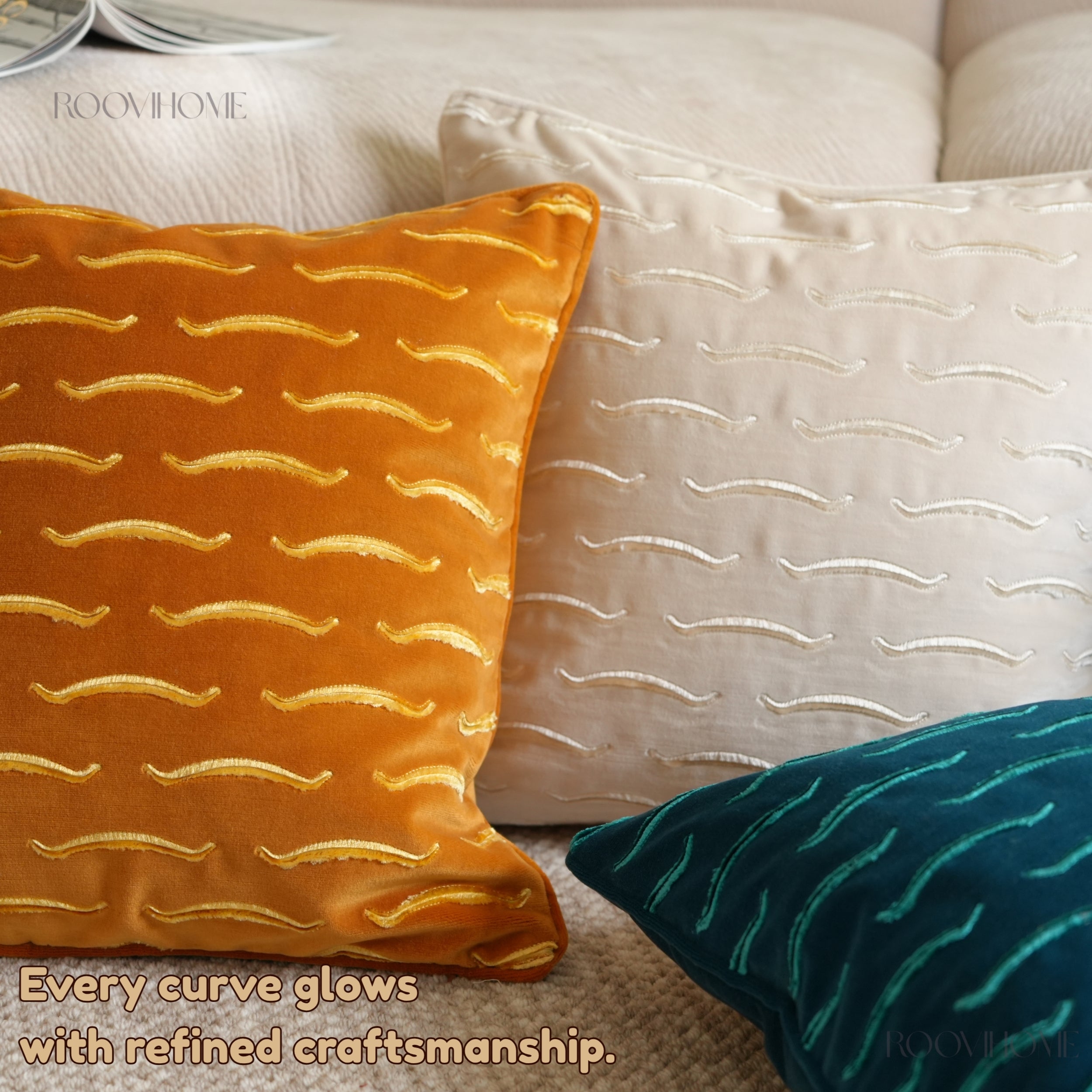 Luxe Flow Modern Curve Pattern Embroidery Velvet Cushions