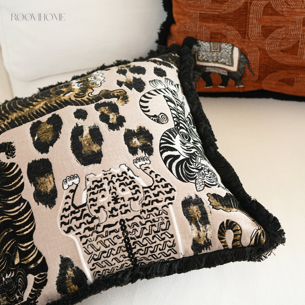 Soft Wildness Tiger & Elephant Cushions with Fringes