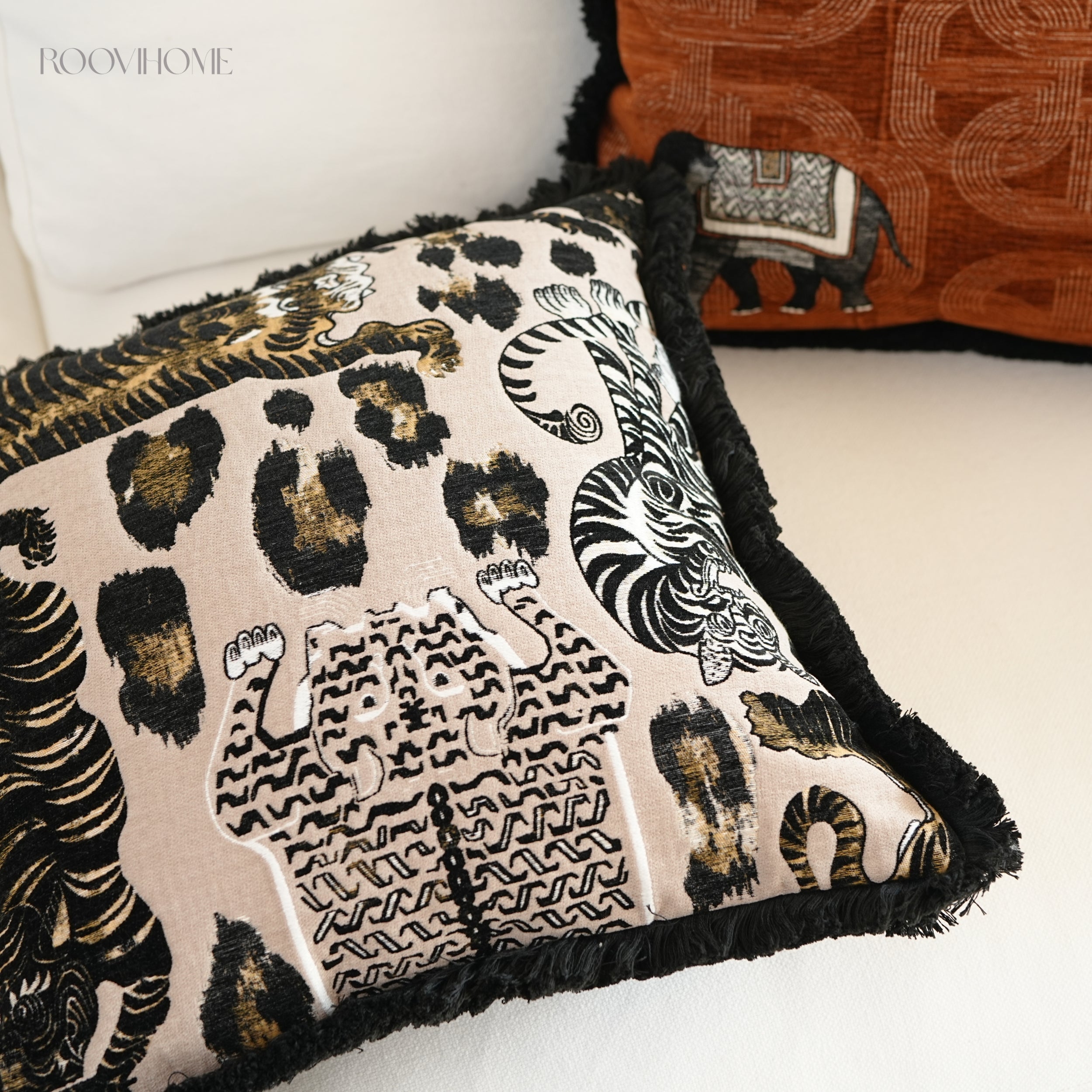Soft Wildness Tiger & Elephant Cushions with Fringes