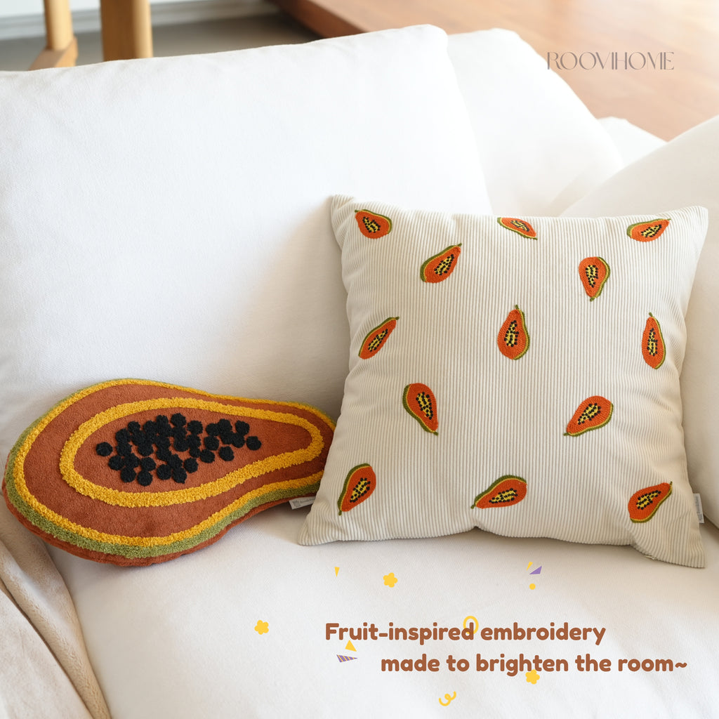 Embroidered Fruit Corduroy Cushion