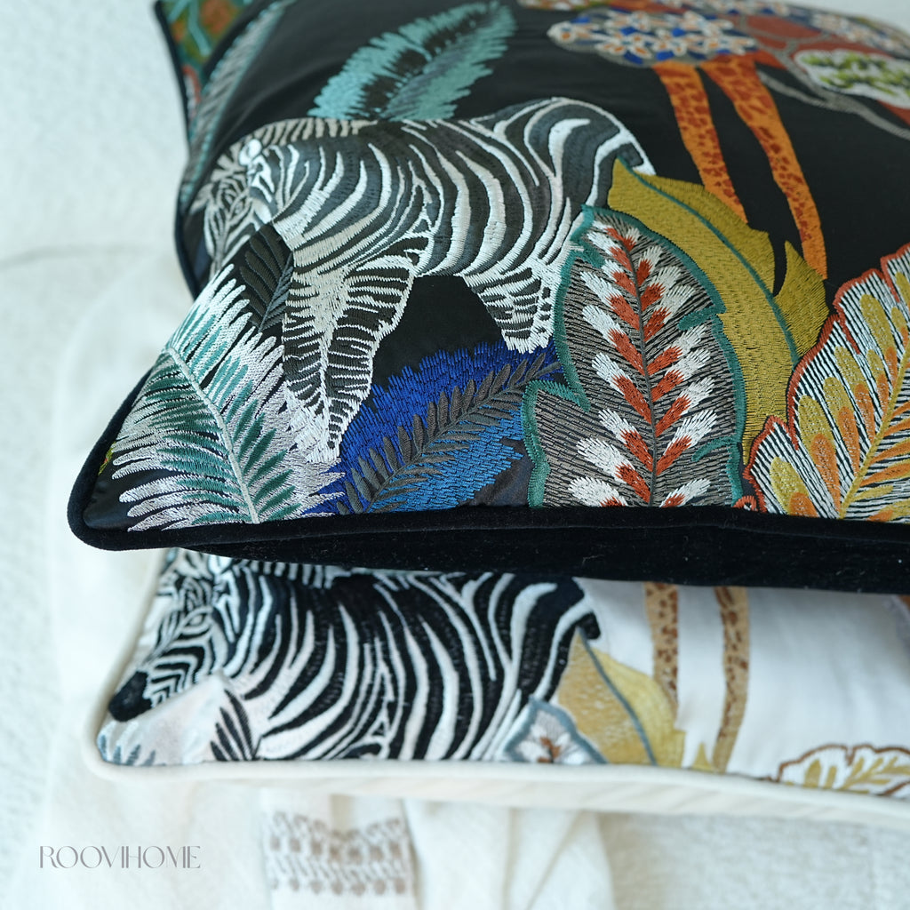 Jungle Wild Zebra & Giraffe Embroidery Cushions