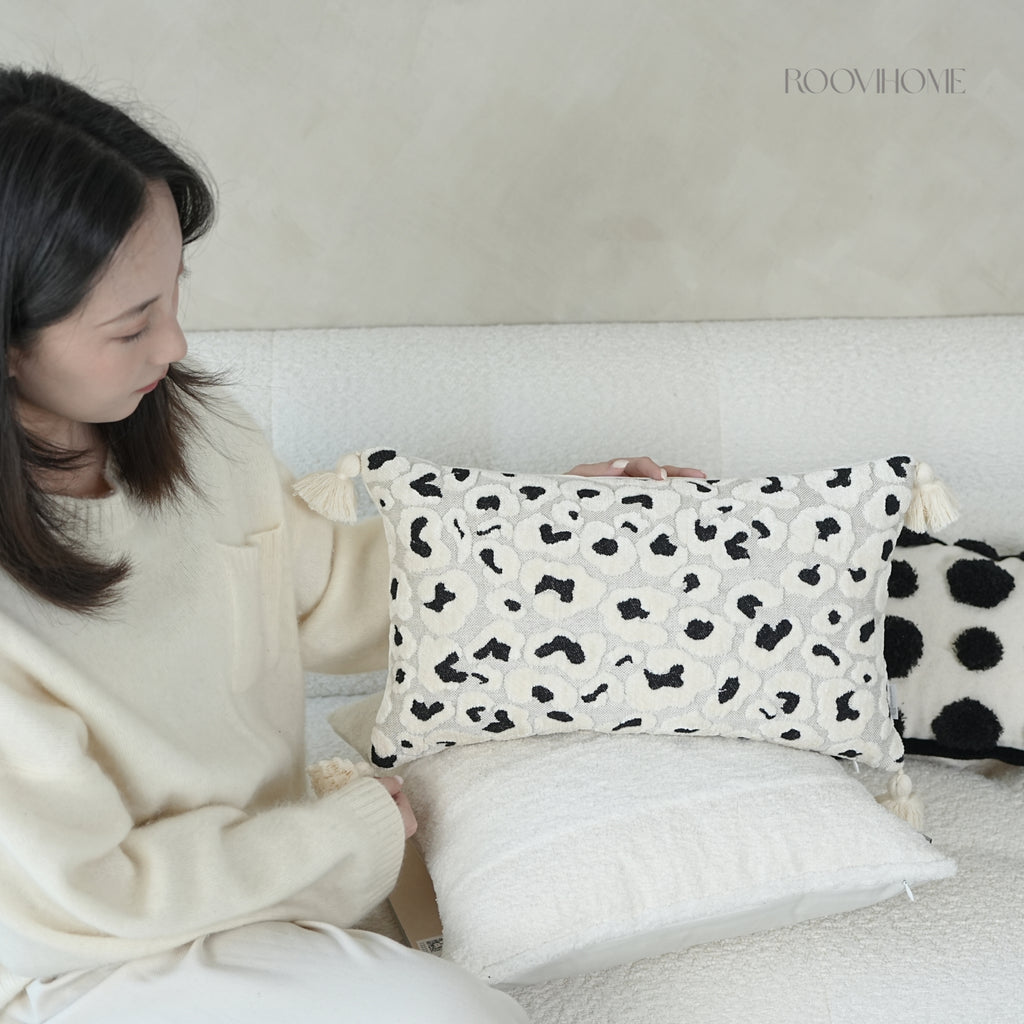 Textured Velvet Leopard Lumbar Cushion With Tassels