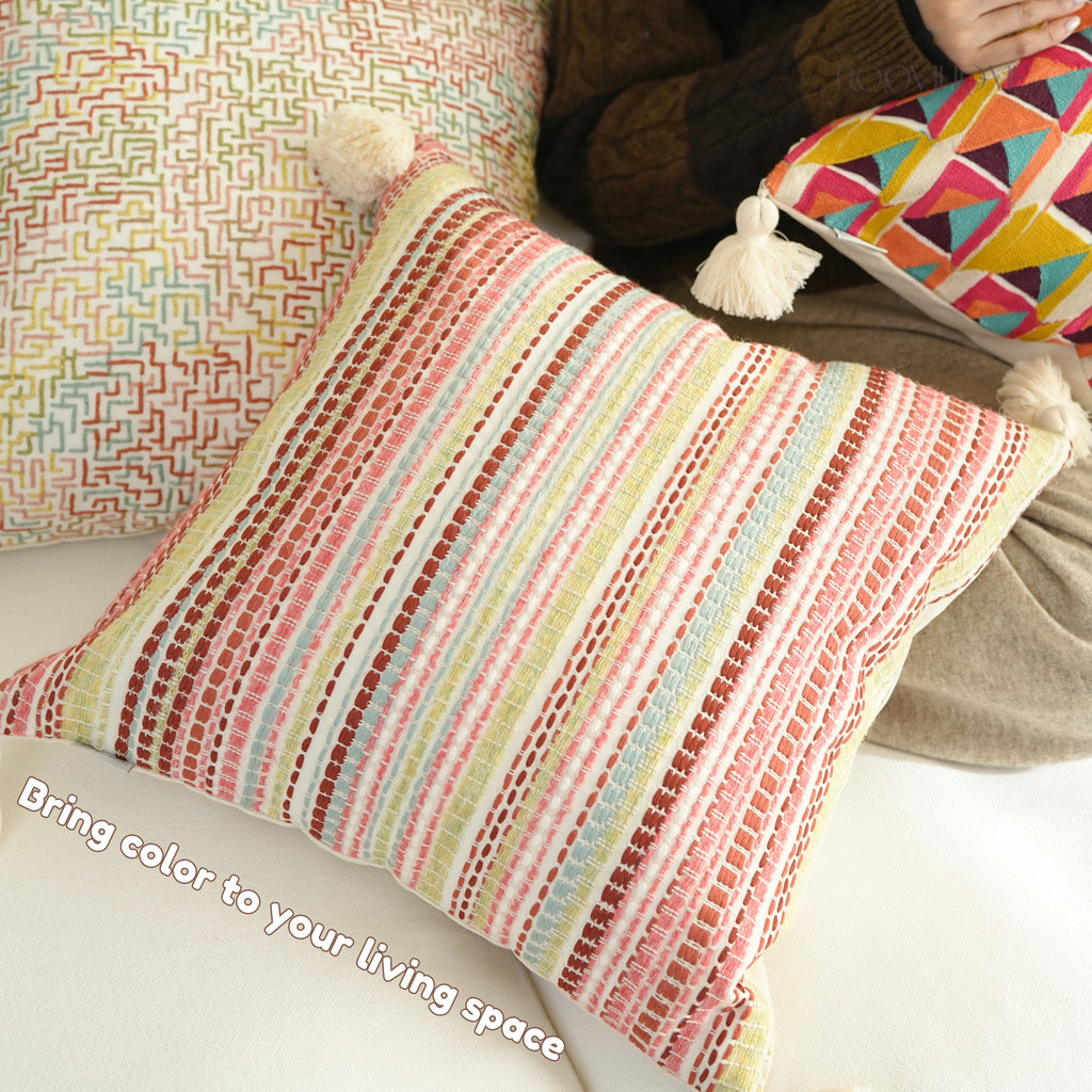 Boho Chic Embroidered Multicolor Geometric Cushions