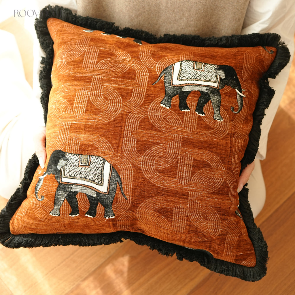 Soft Wildness Tiger & Elephant Cushions with Fringes