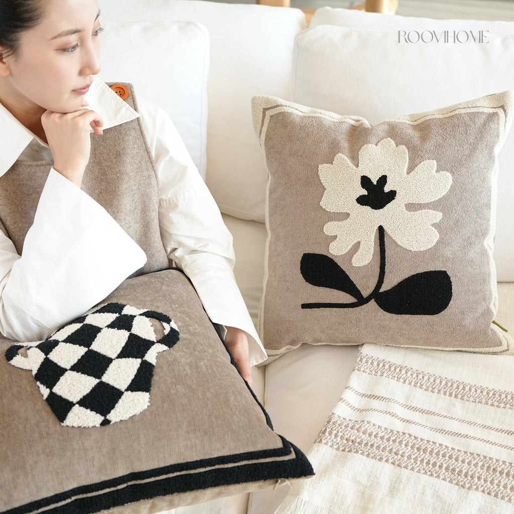 Muted Canvas Retro Floral & Vase Embroidery Cushions 50x50cm