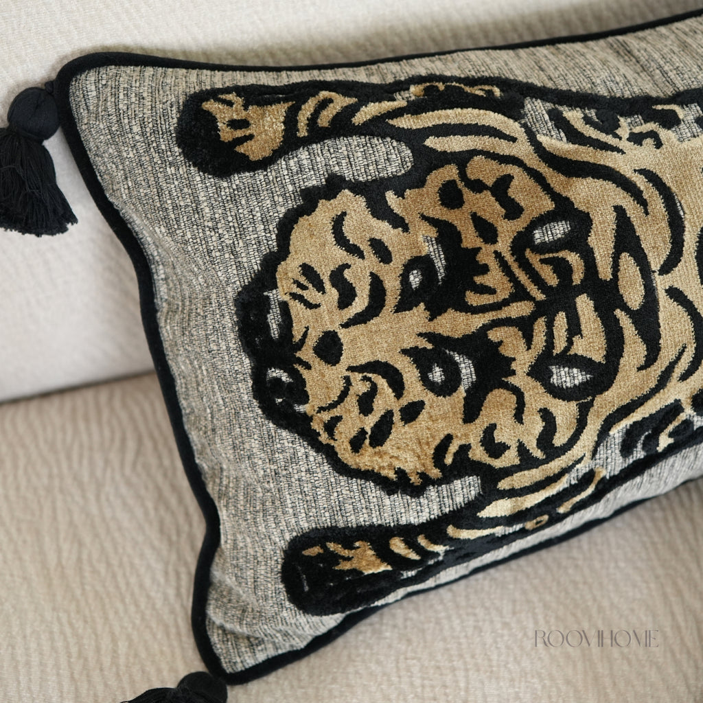 Wild Mood Tiger Velvet Lumbar Cushion with Tassels