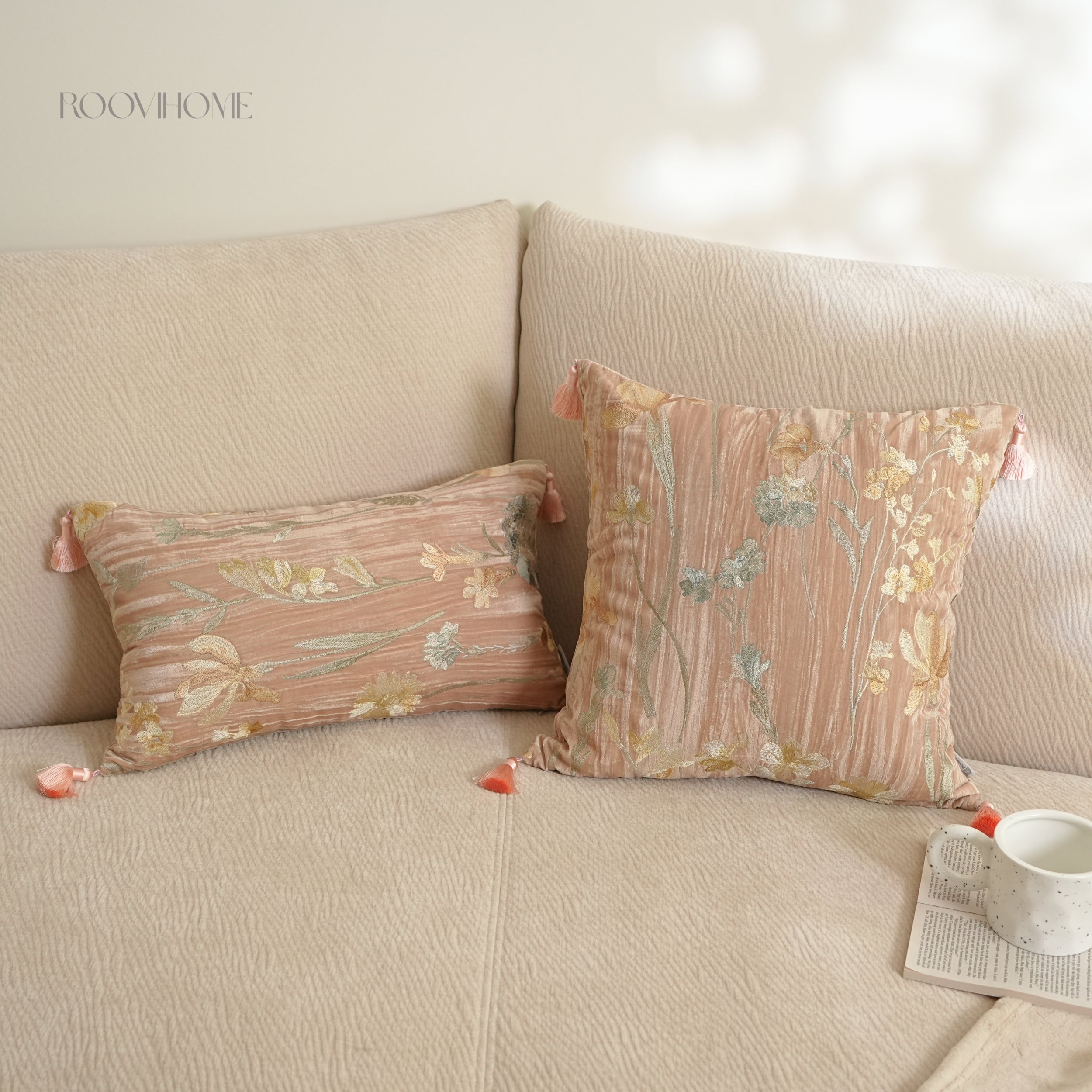 Velvet Garden Crinkle Velvet Floral Embroidered Decorative Cushions
