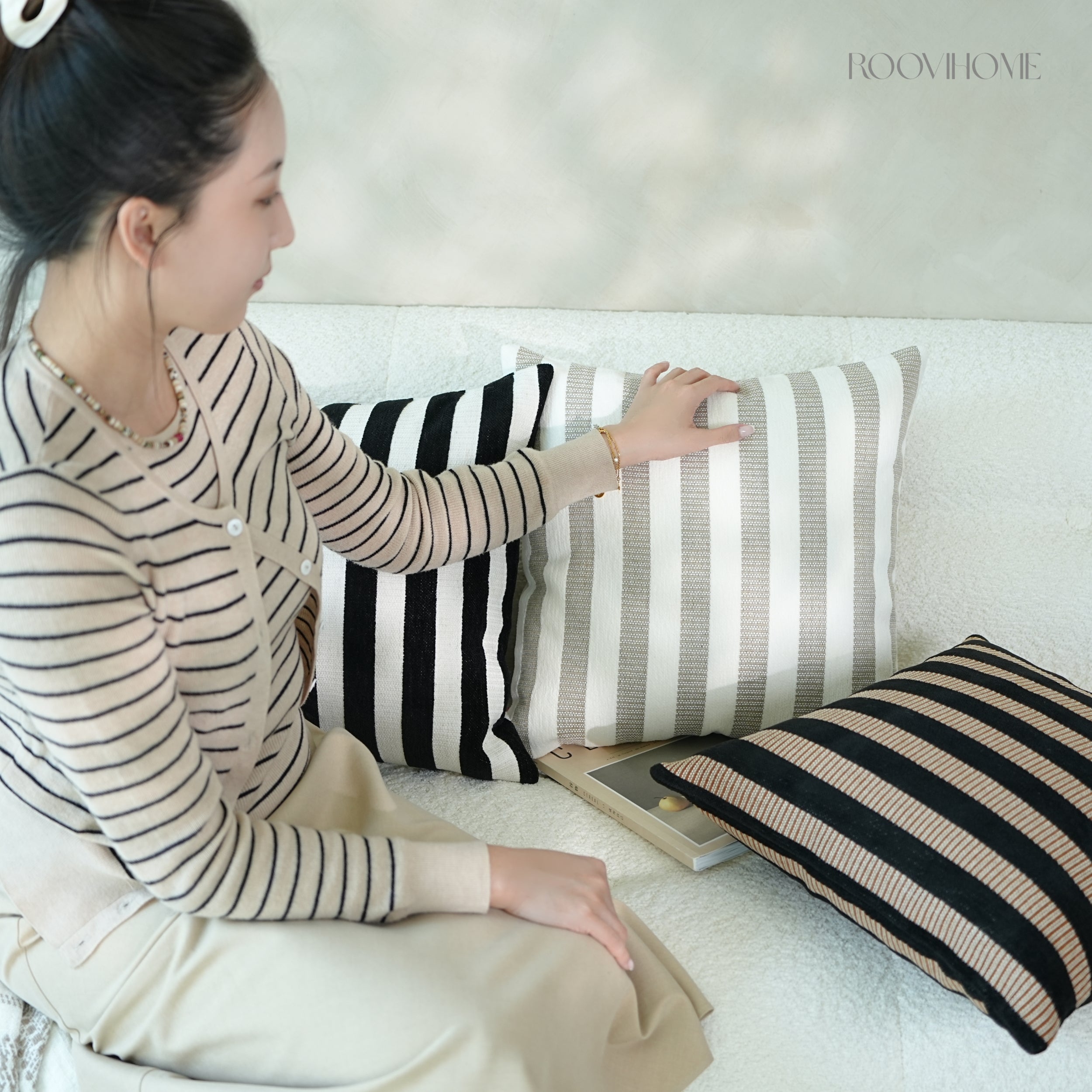 Chenille Striped Throw Pillow / Cushion Cover • Retro Modern Style • Sofa Cushion for Living Room • Home Decor | RooviHome Retro Line Collection