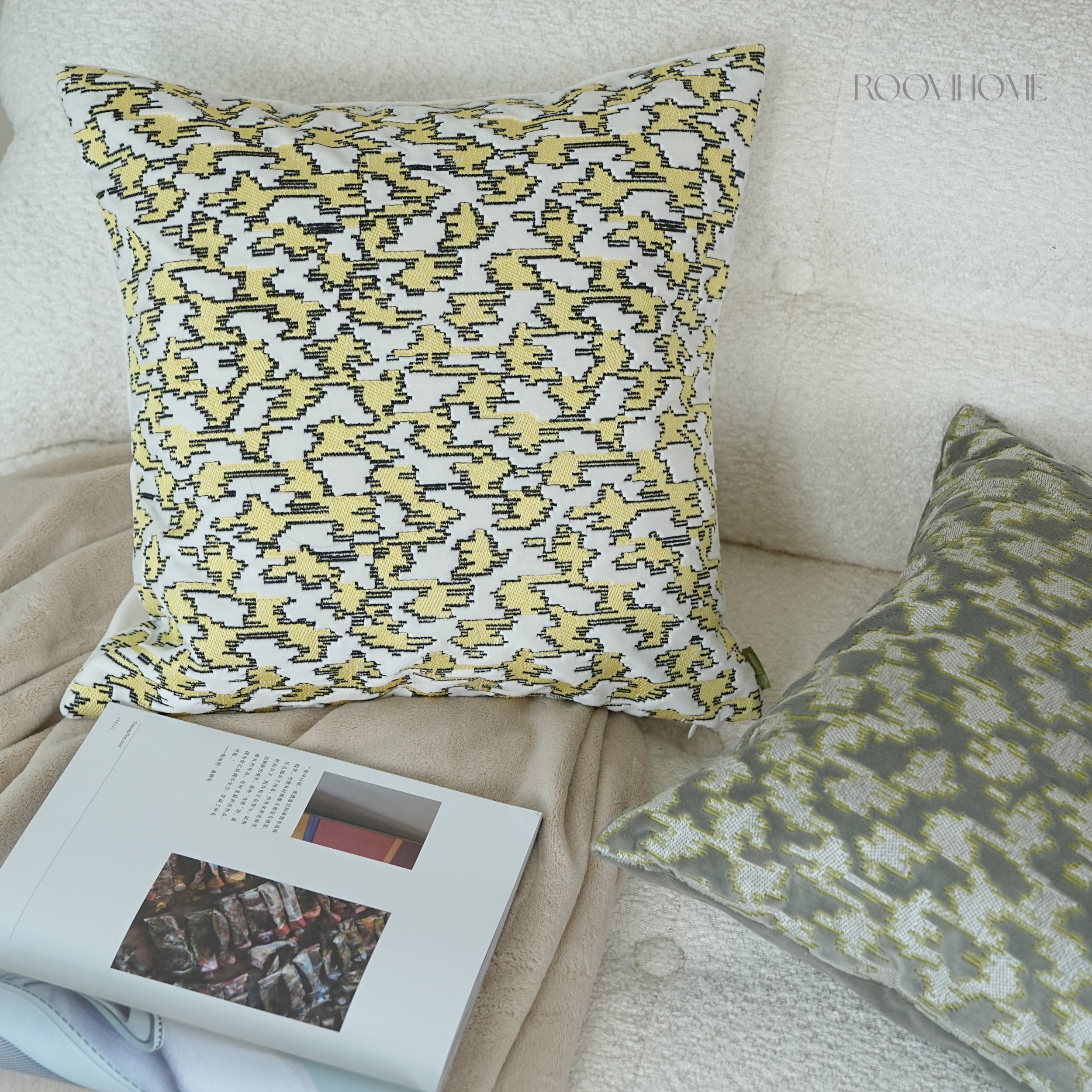 Muted Houndstooth Textured Velvet Cushions