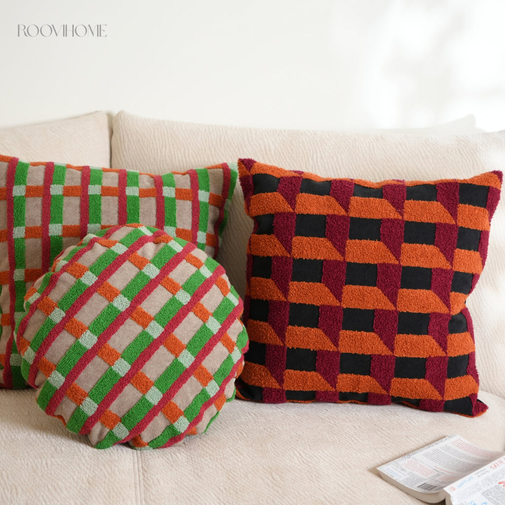 Plaid Moments 70s Modern Retro Checkered Towel Embroidered Cushions