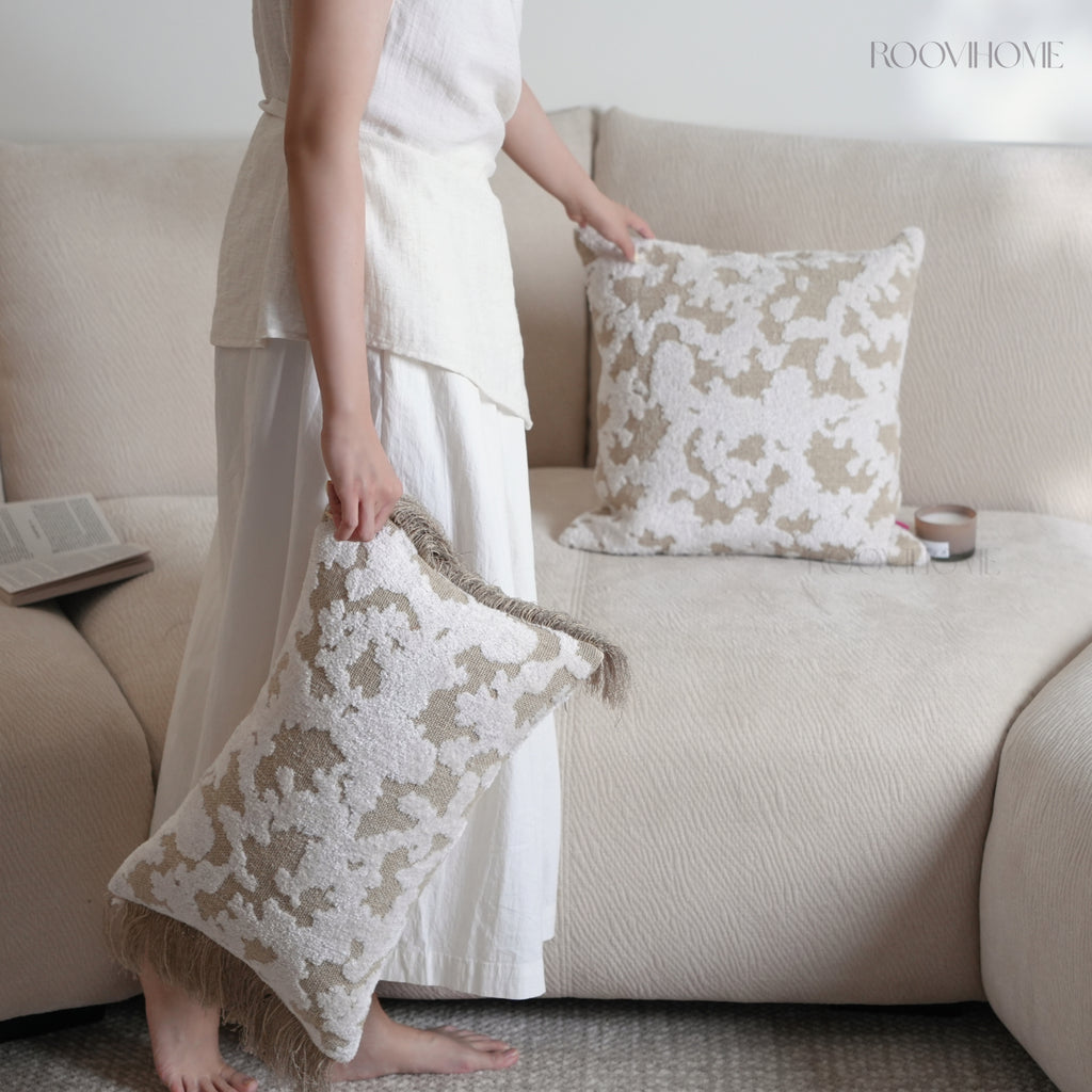Wabi-Sabi & Japandi Style Throw Pillow / Lumbar Pillow / Cushion Cover, 3D Raised Jacquard Texture, Beige Cream Brown Tones, Rich Texture, Elegant Tassel Detail | RooviHome Wabi Weave Collection