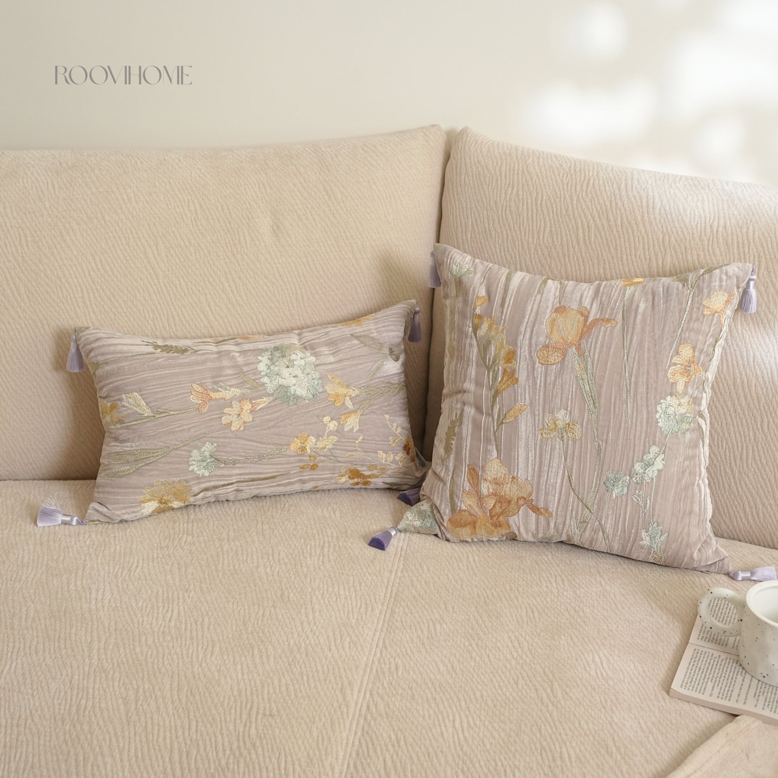 Velvet Garden Crinkle Velvet Floral Embroidered Decorative Cushions