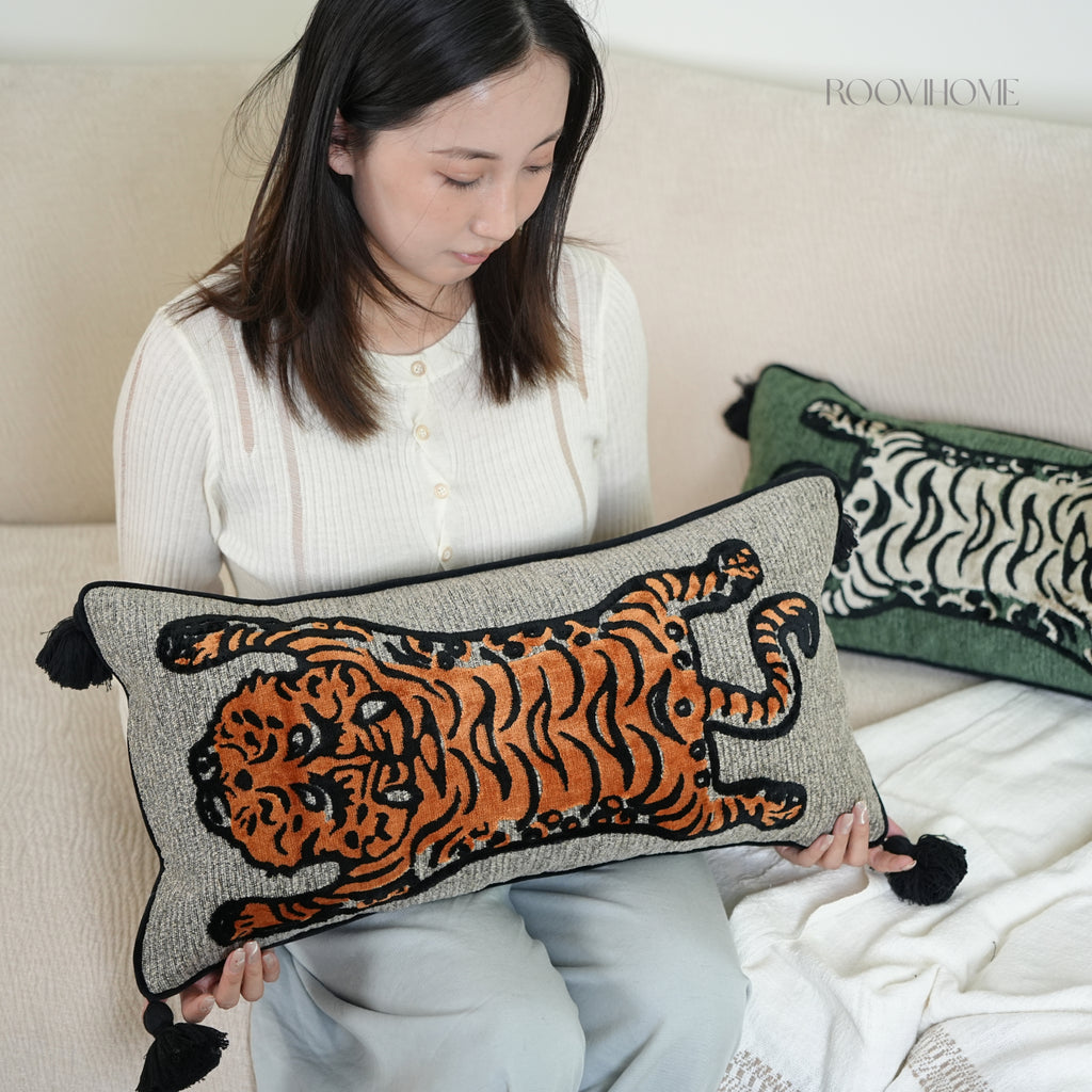 Wild Mood Tiger Velvet Lumbar Cushion with Tassels
