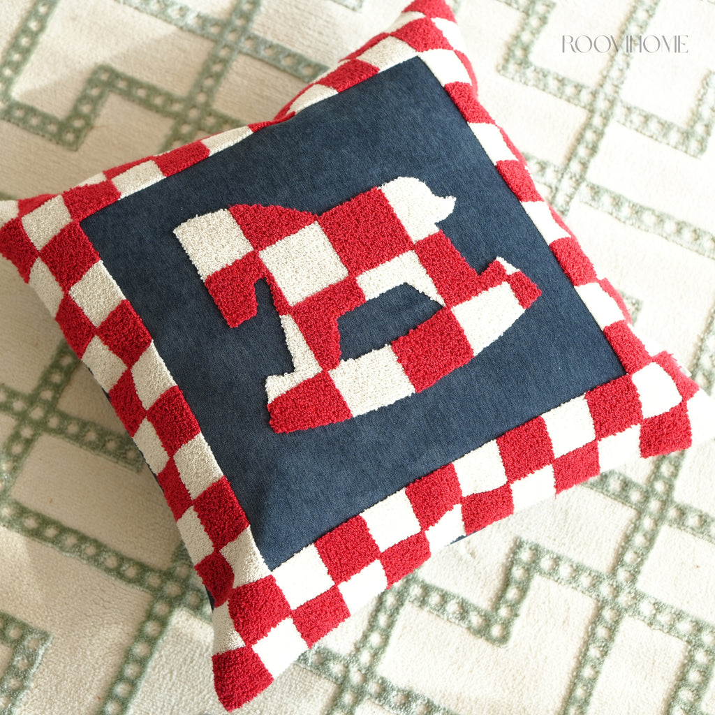 Embroidered Checkered Pony Throw Pillow / Cushion Cover • Modern Style • Decorative Cushion for Living Room • Home Decor | RooviHome Chessboard Pony Series