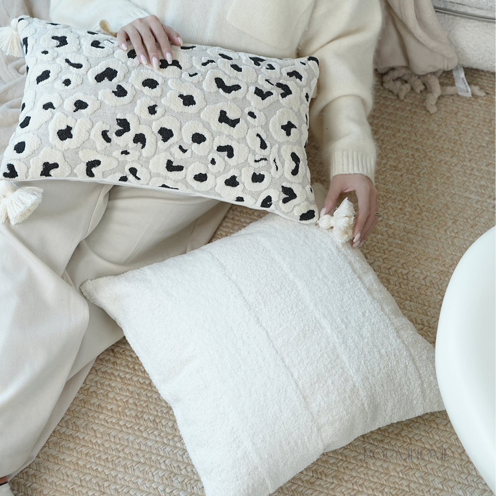 Textured Velvet Leopard Lumbar Cushion With Tassels