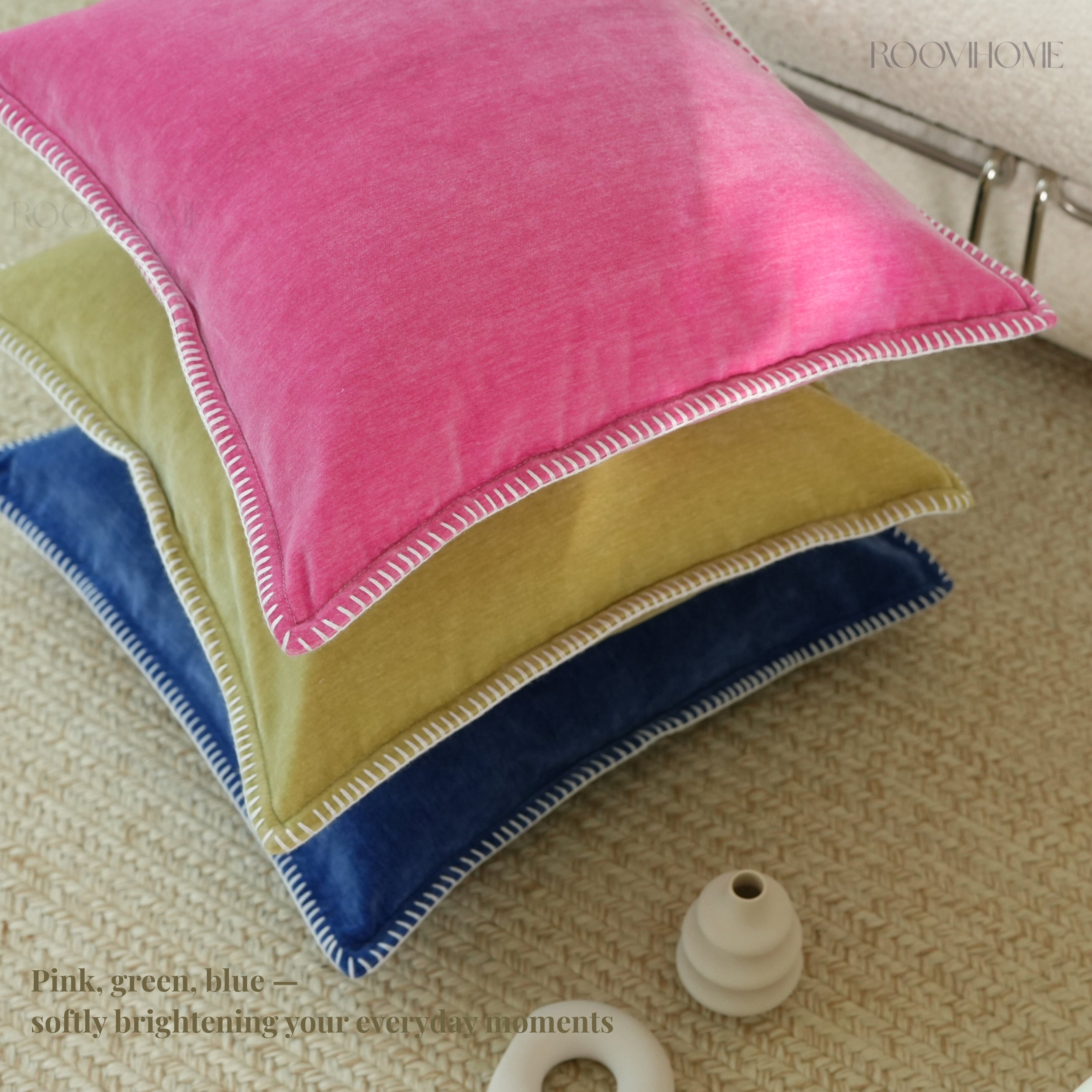 Solid Pop Color Velvet Cushions with Piping & Blanket Stitch