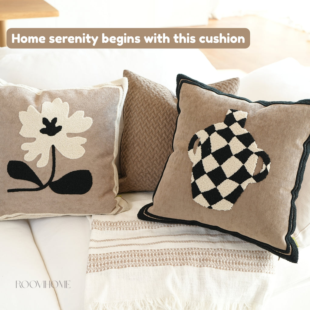 Muted Canvas Retro Floral & Vase Embroidery Cushions 50x50cm