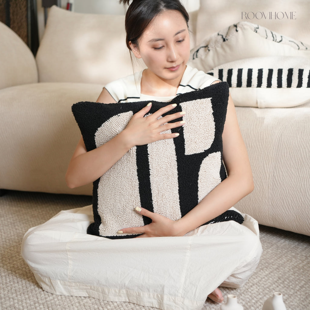 Geometric Tufted Embroidered Throw Pillow / Cushion Cover • Modern Earth Tones • Living Room Sofa Cushion • Home Decor| RooviHome Twilight Soft Shadows Series