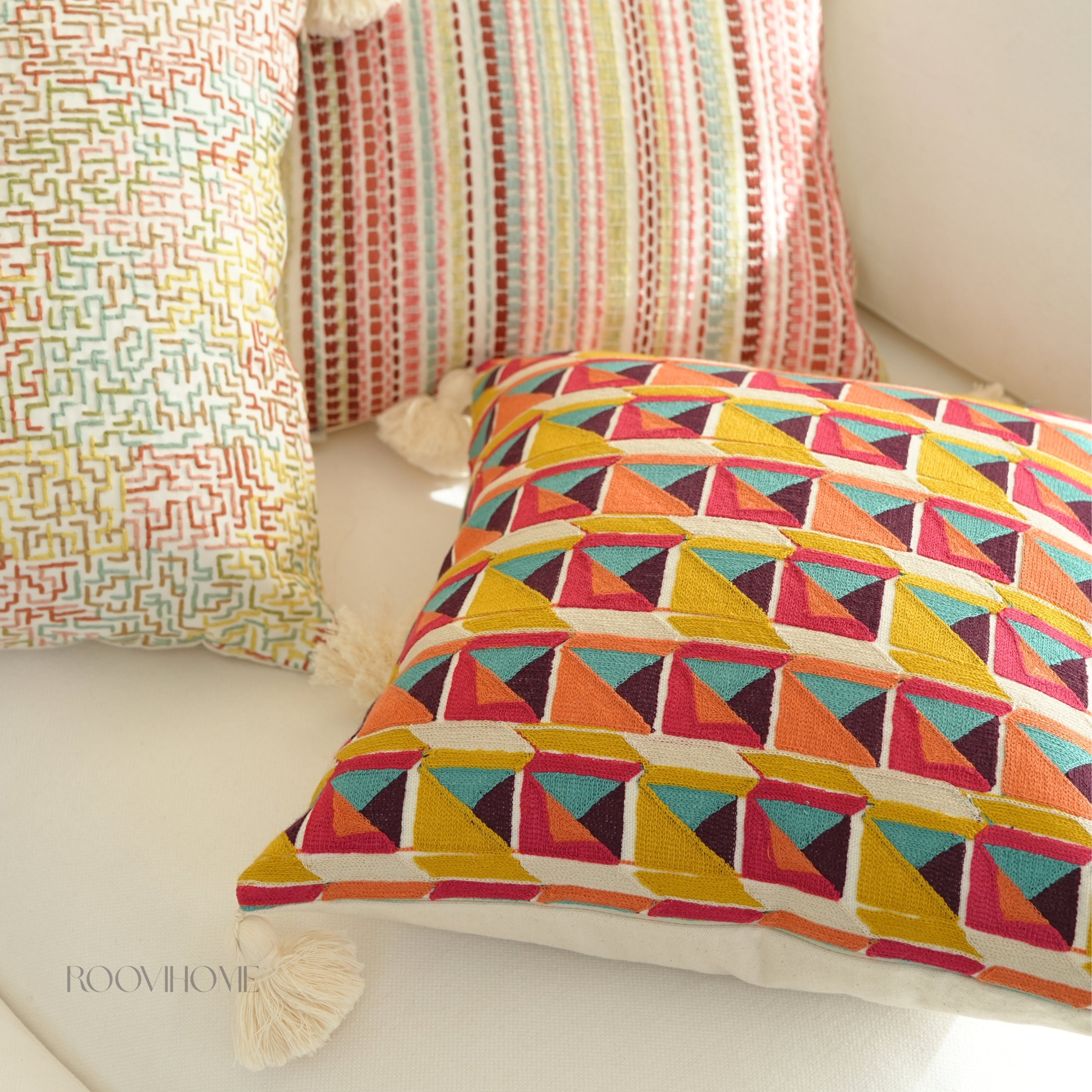 Boho Chic Embroidered Multicolor Geometric Cushions
