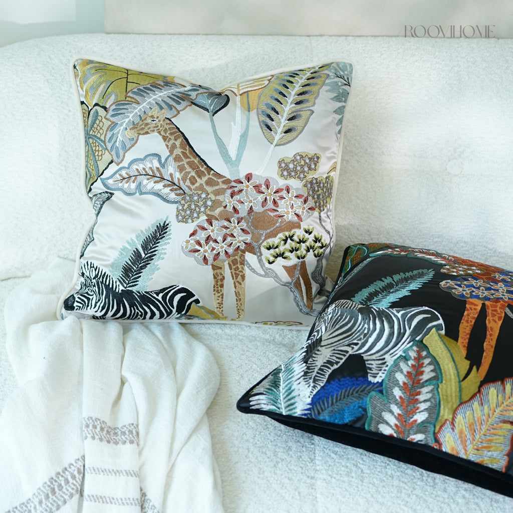 Jungle Wild Zebra & Giraffe Embroidery Cushions