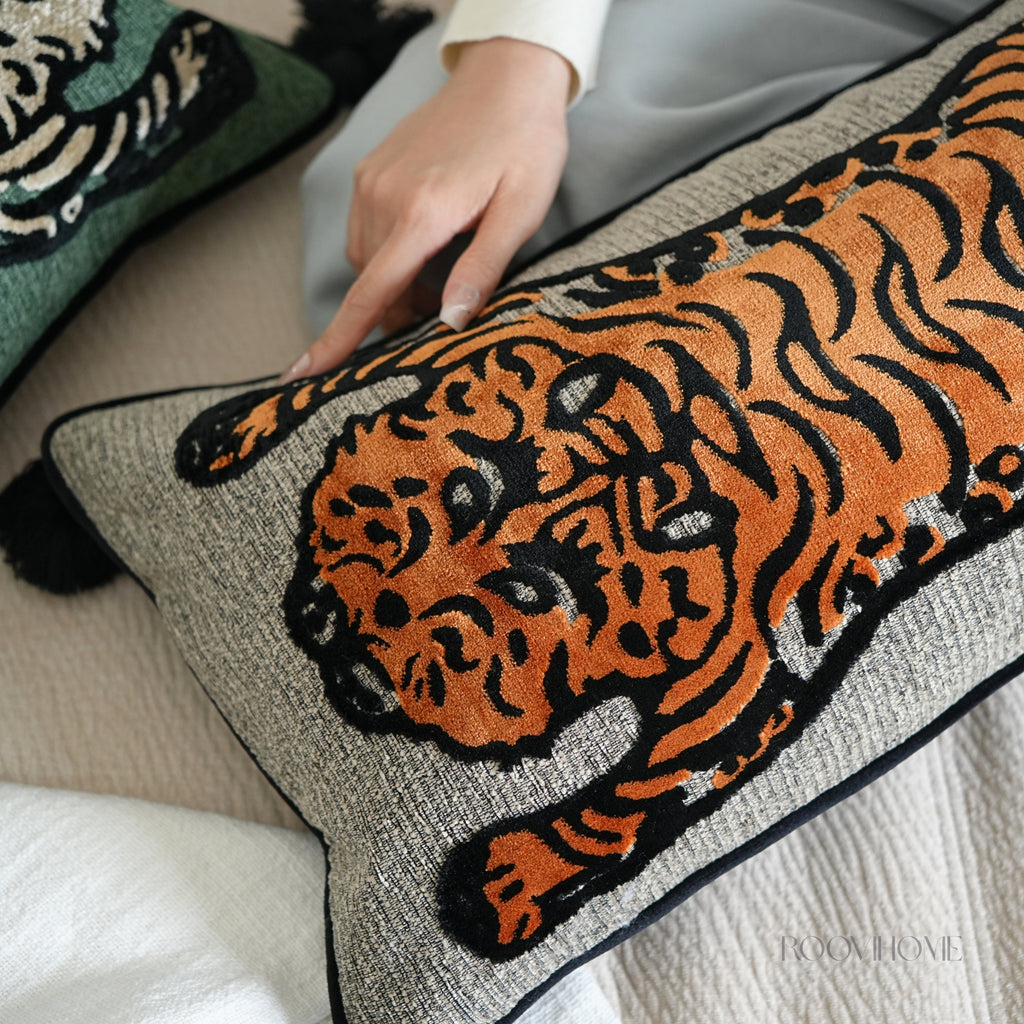 Wild Mood Tiger Velvet Lumbar Cushion with Tassels