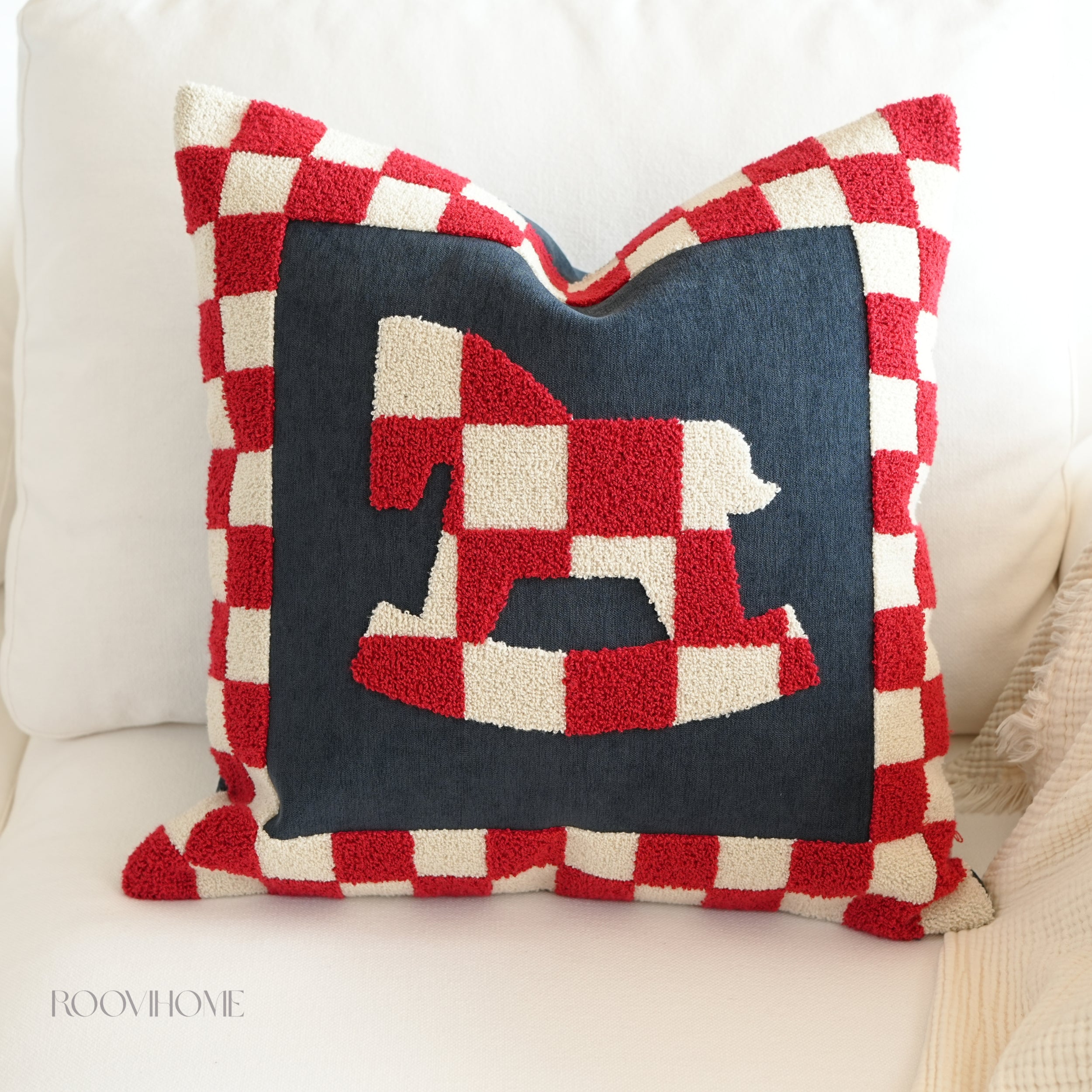Embroidered Checkered Pony Throw Pillow / Cushion Cover • Modern Style • Decorative Cushion for Living Room • Home Decor | RooviHome Chessboard Pony Series